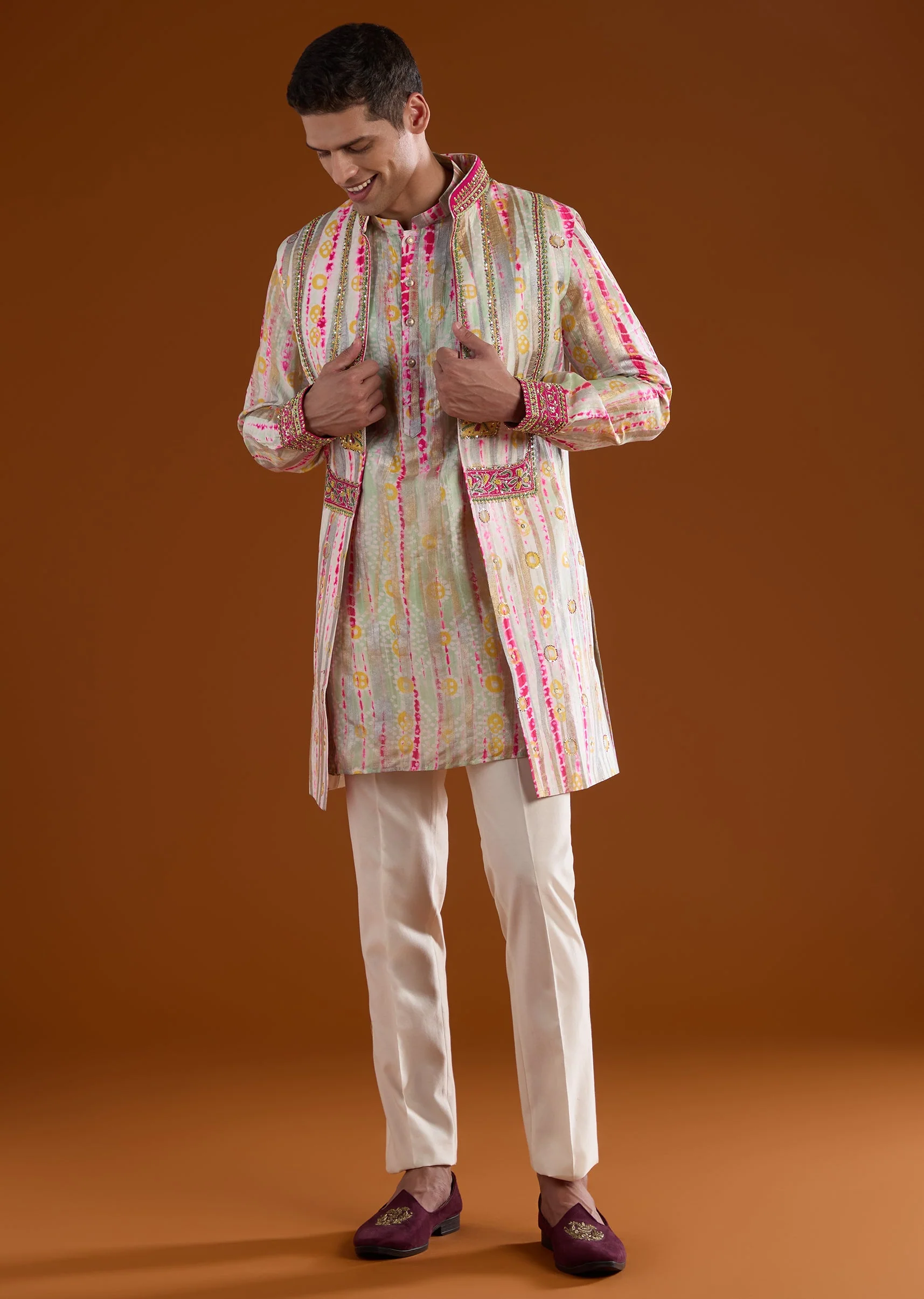 Multicolored Silk Mens Kurta Jacket Set With Thread And Zardosi Work