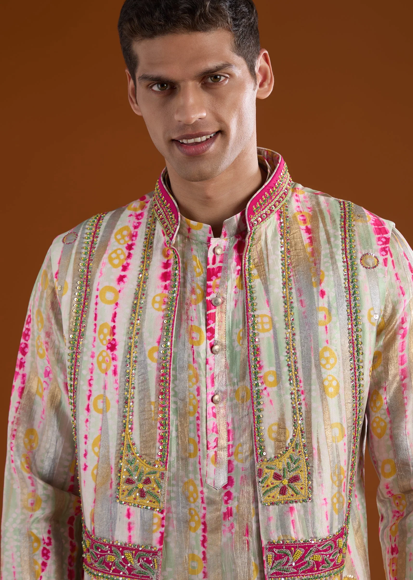 Multicolored Silk Mens Kurta Jacket Set With Thread And Zardosi Work - Image 2