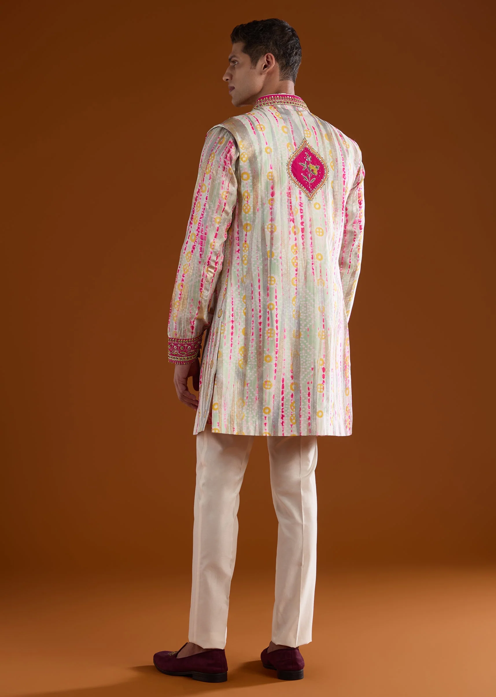 Multicolored Silk Mens Kurta Jacket Set With Thread And Zardosi Work - Image 5
