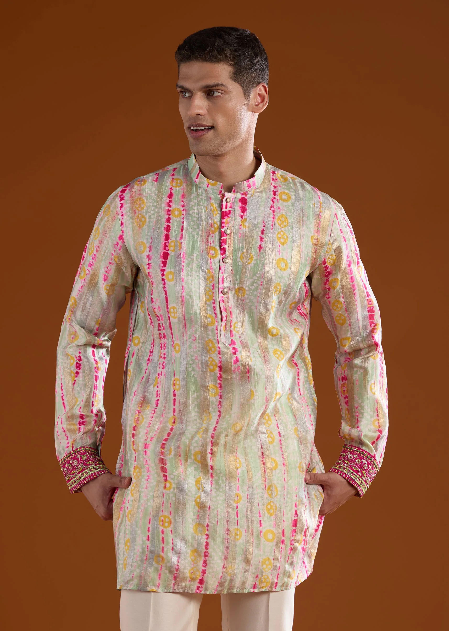 Multicolored Silk Mens Kurta Jacket Set With Thread And Zardosi Work - Image 6
