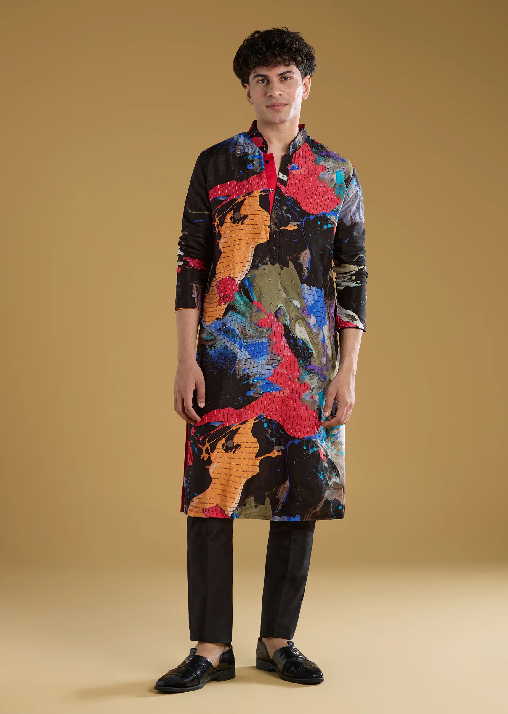 Multicolour Black Rawsilk Abstract Printed Kurta Set