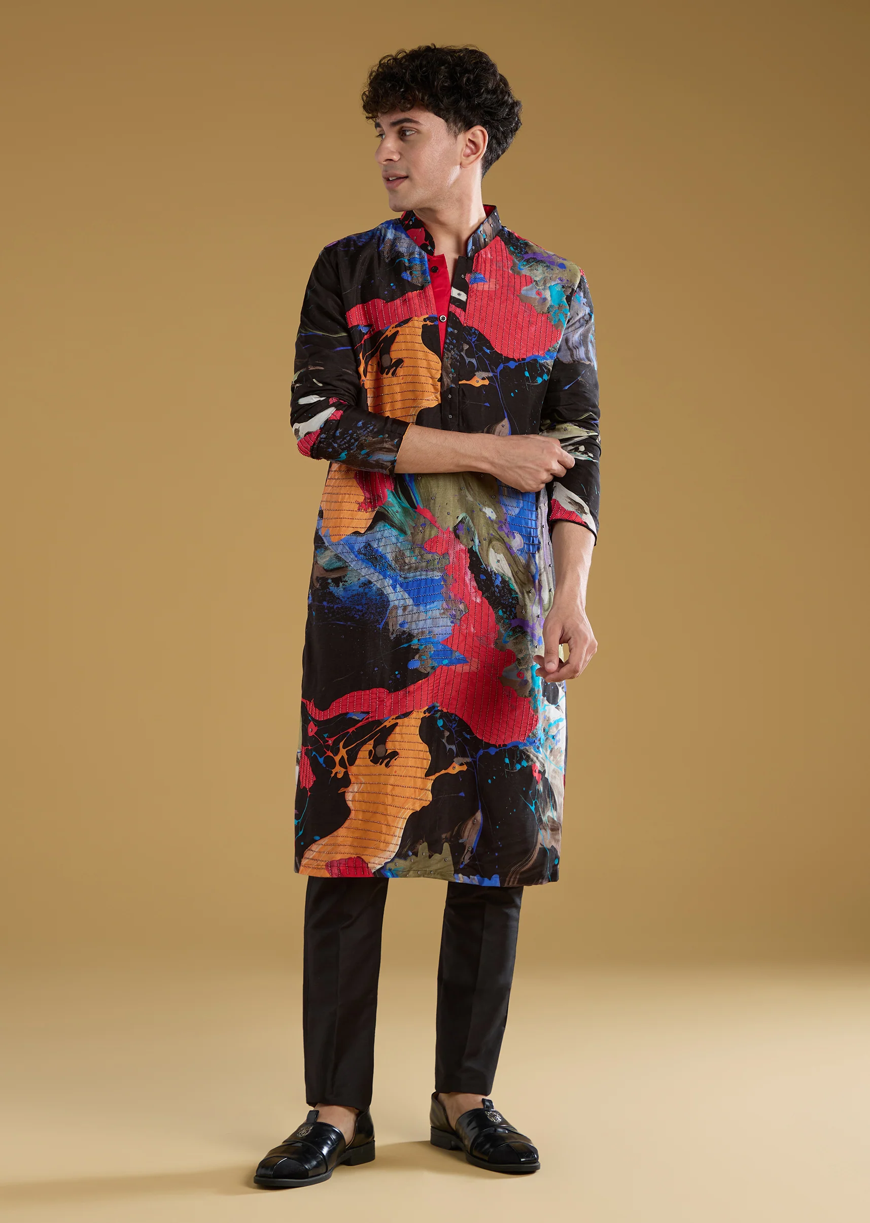 Multicolour Black Rawsilk Abstract Printed Kurta Set - Image 3