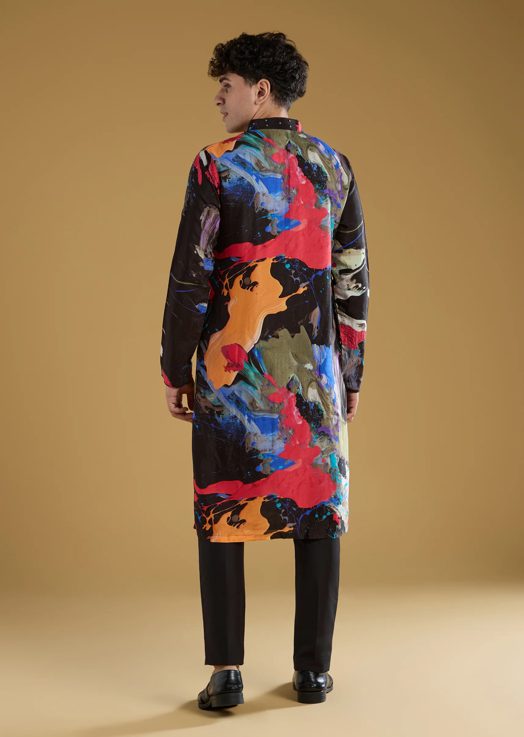 Multicolour Black Rawsilk Abstract Printed Kurta Set - Image 5
