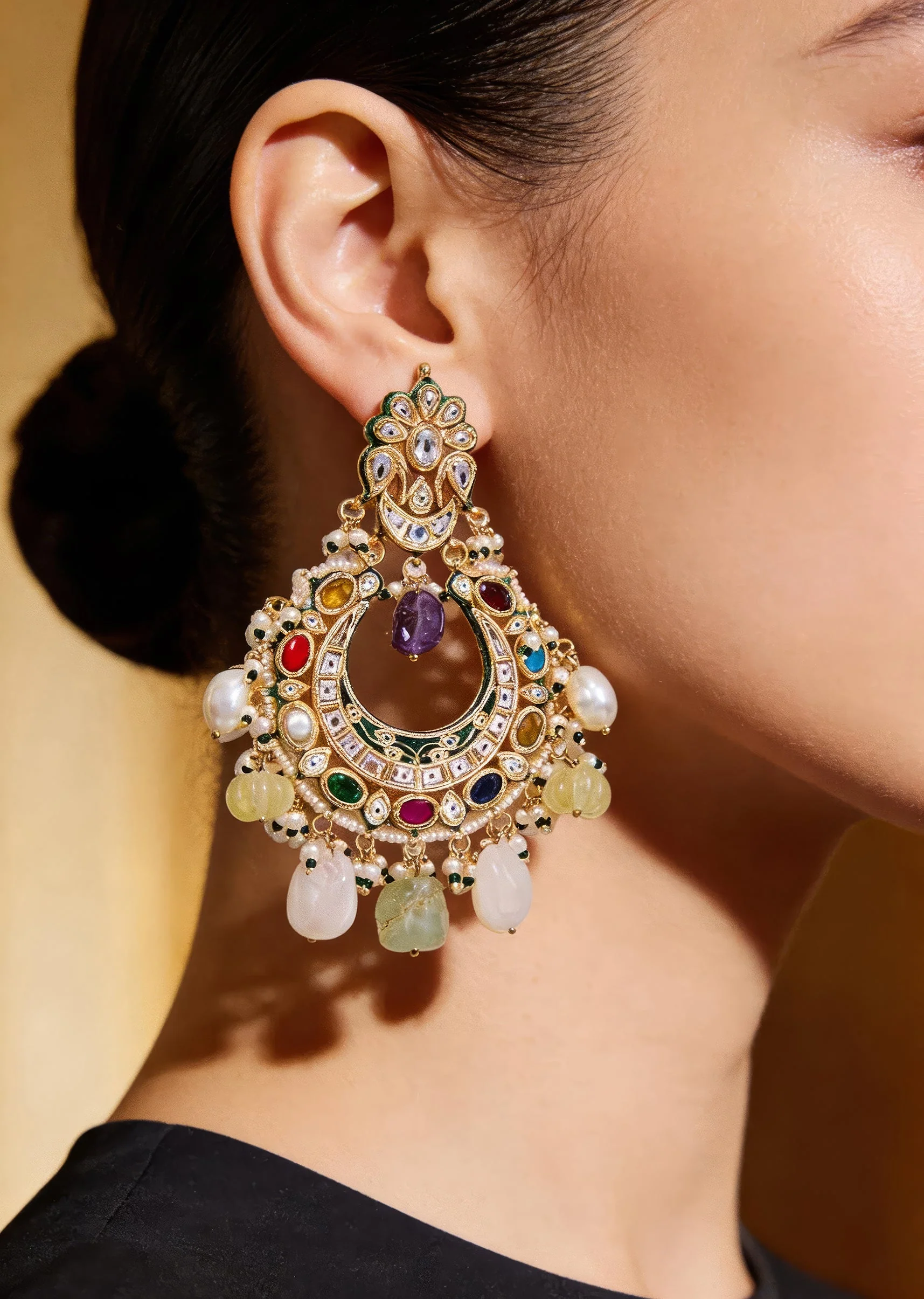 Multicolour Gemstones And Pearls With Crescent Shaped Chandbalis