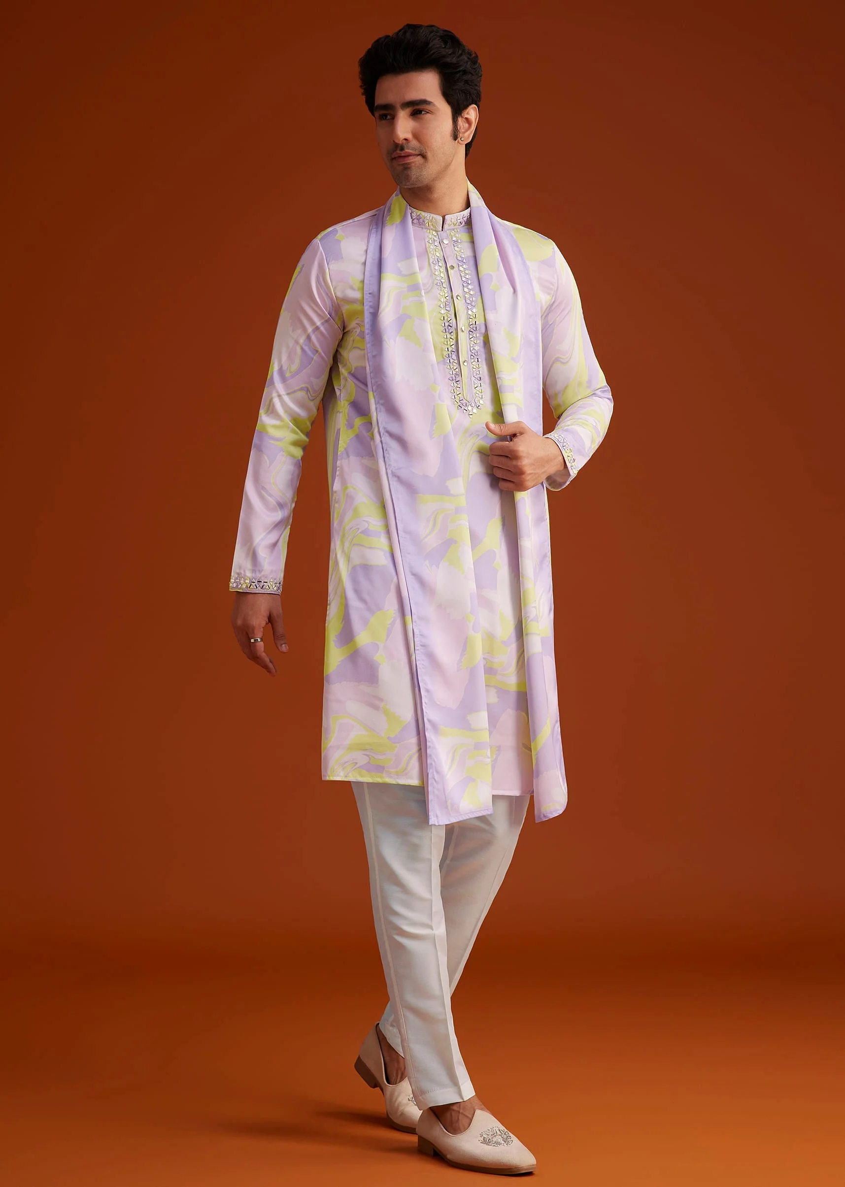 Multicolour Marble Printed Silk Kurta Set - Image 2