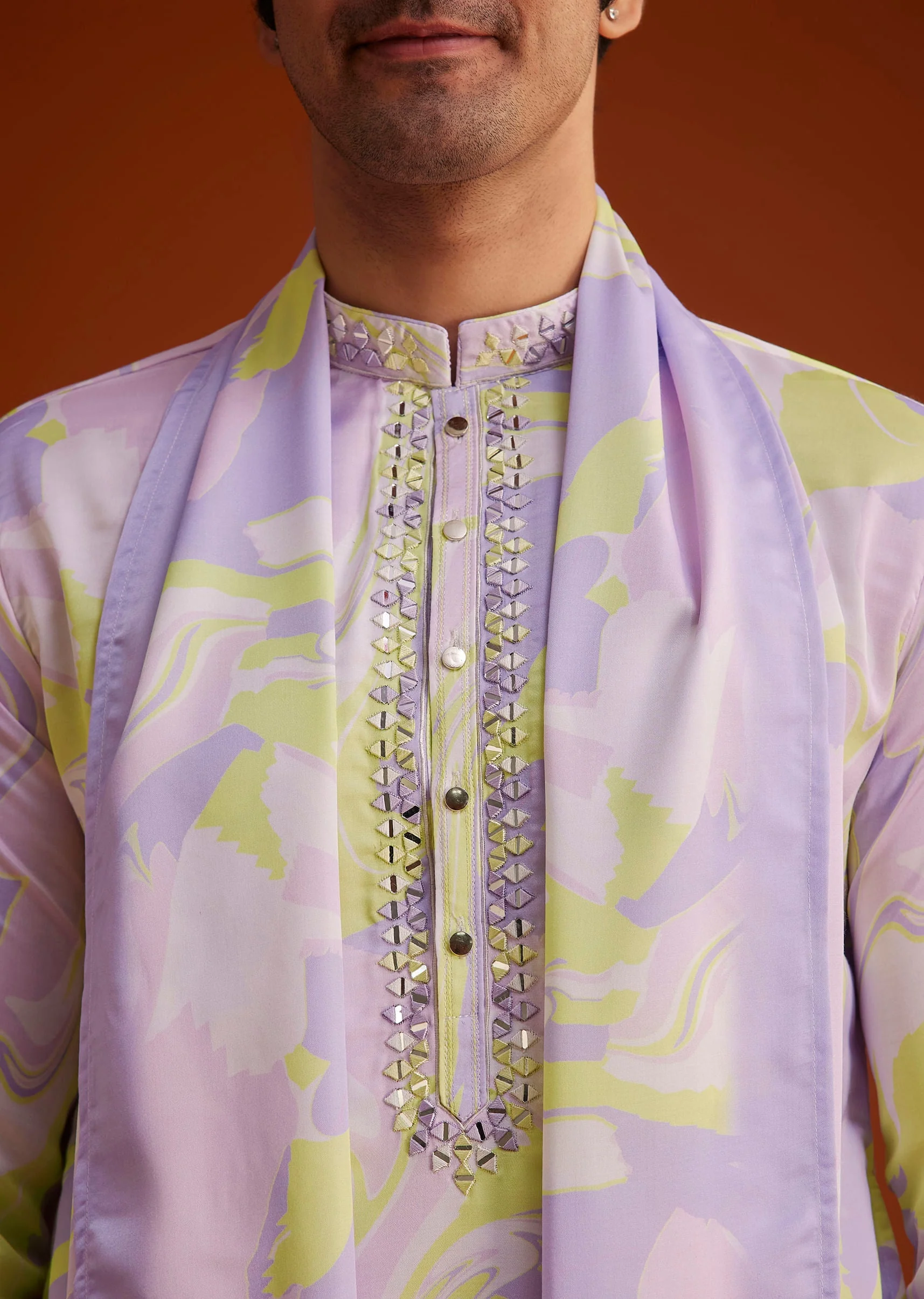 Multicolour Marble Printed Silk Kurta Set - Image 3