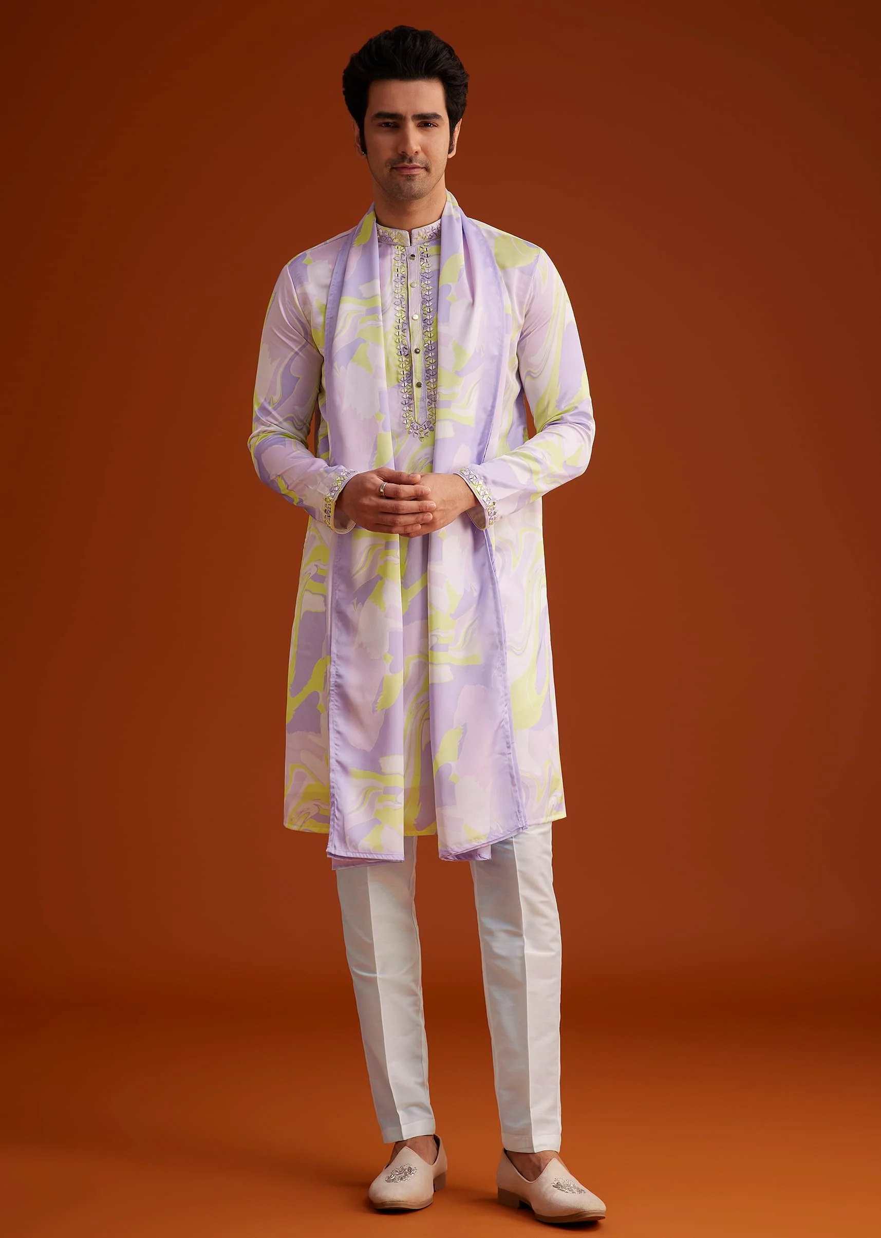 Multicolour Marble Printed Silk Kurta Set - Image 4