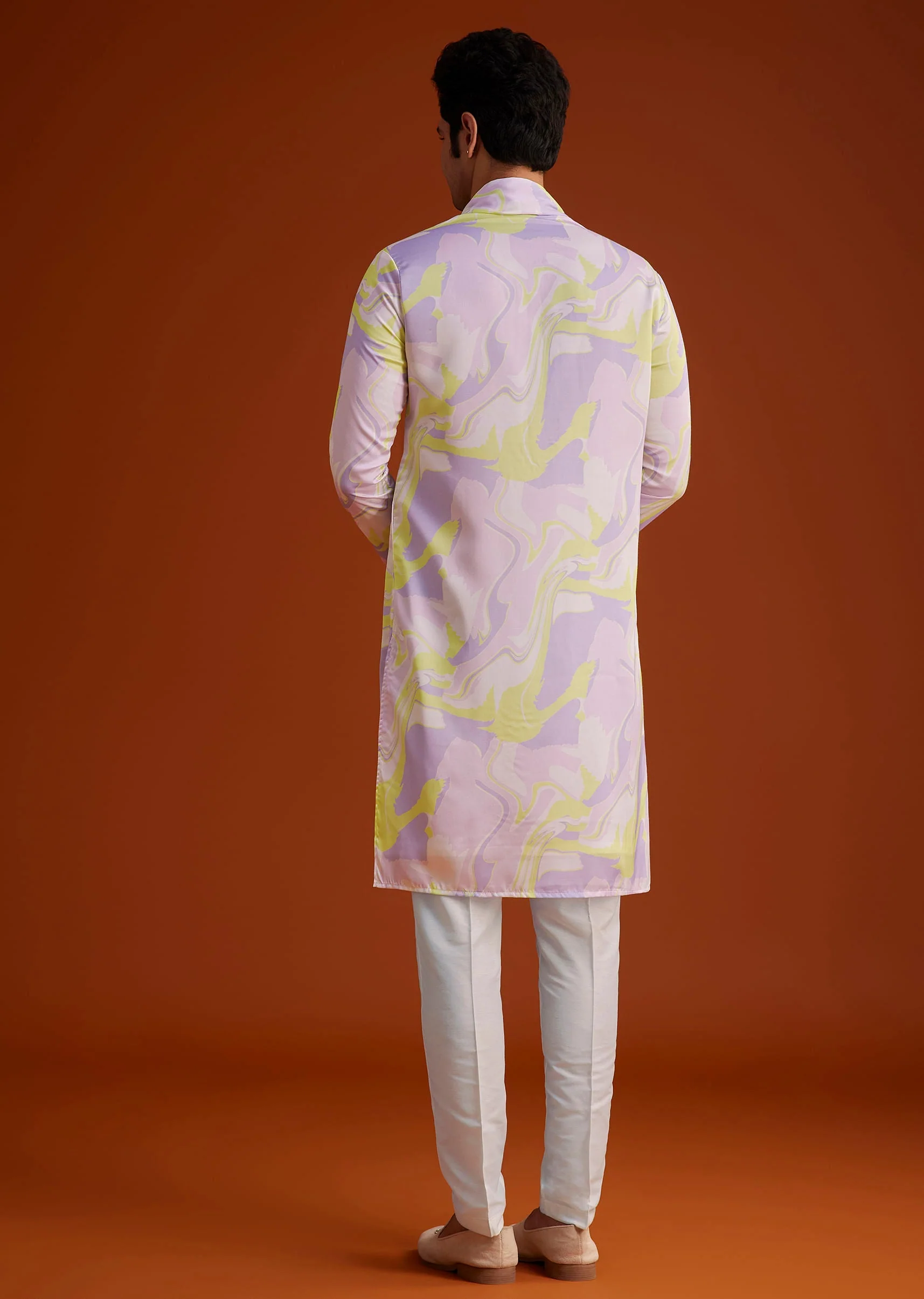 Multicolour Marble Printed Silk Kurta Set - Image 5