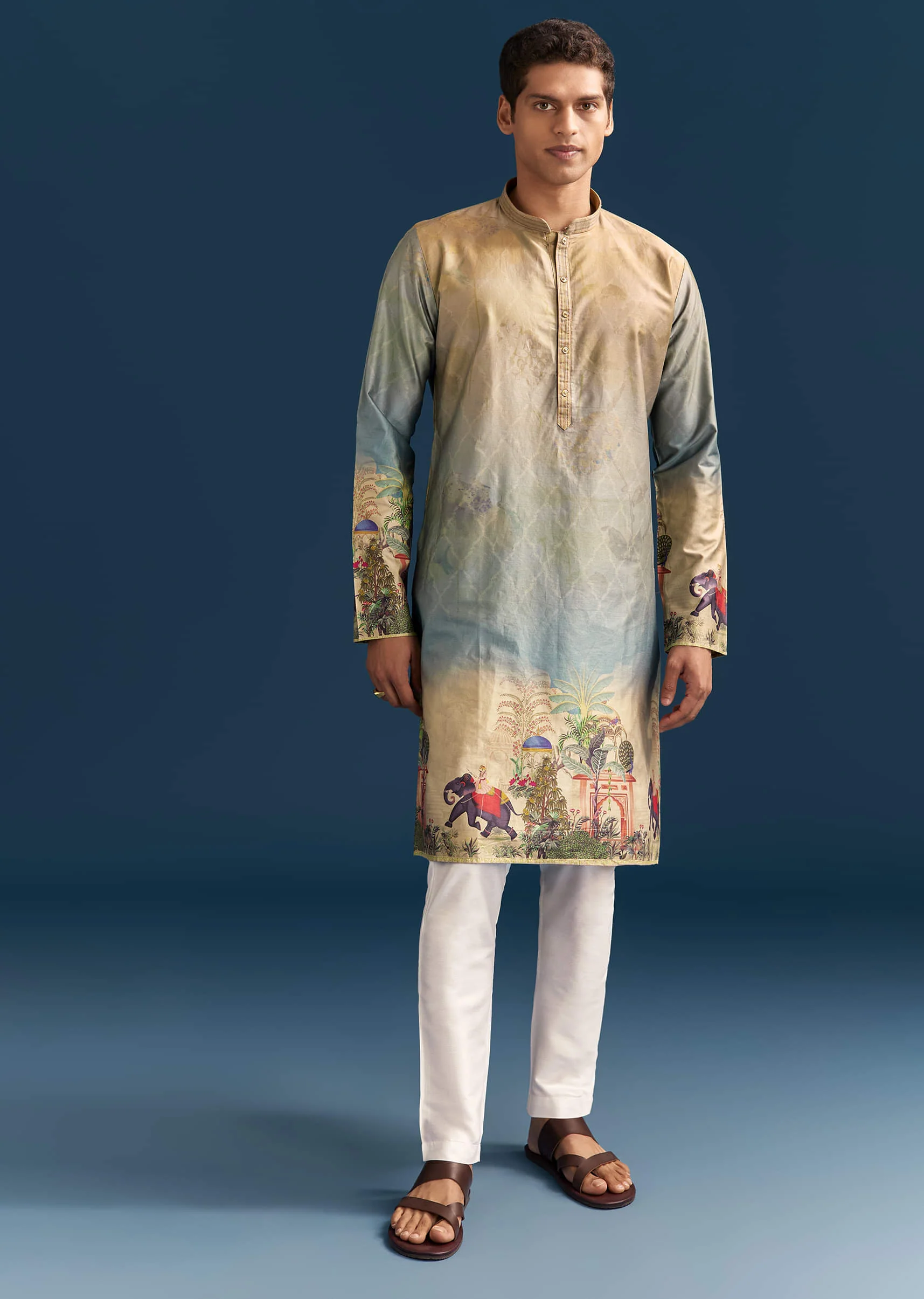 Multicolour Ombre Silk Printed Kurta Set For Men