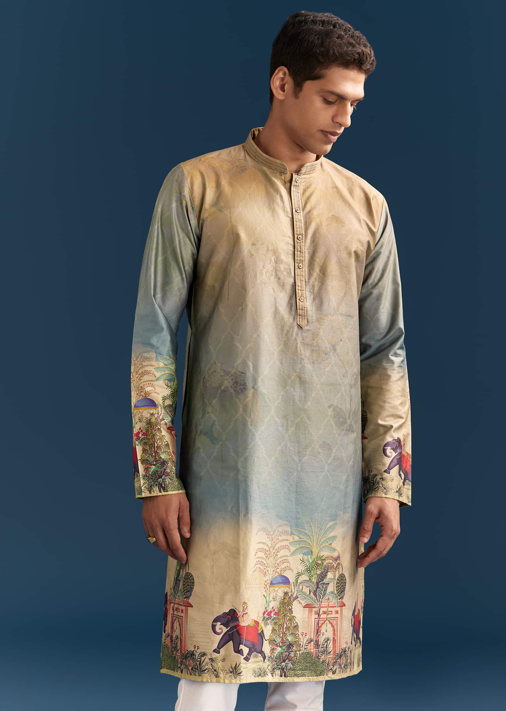 Multicolour Ombre Silk Printed Kurta Set For Men - Image 2