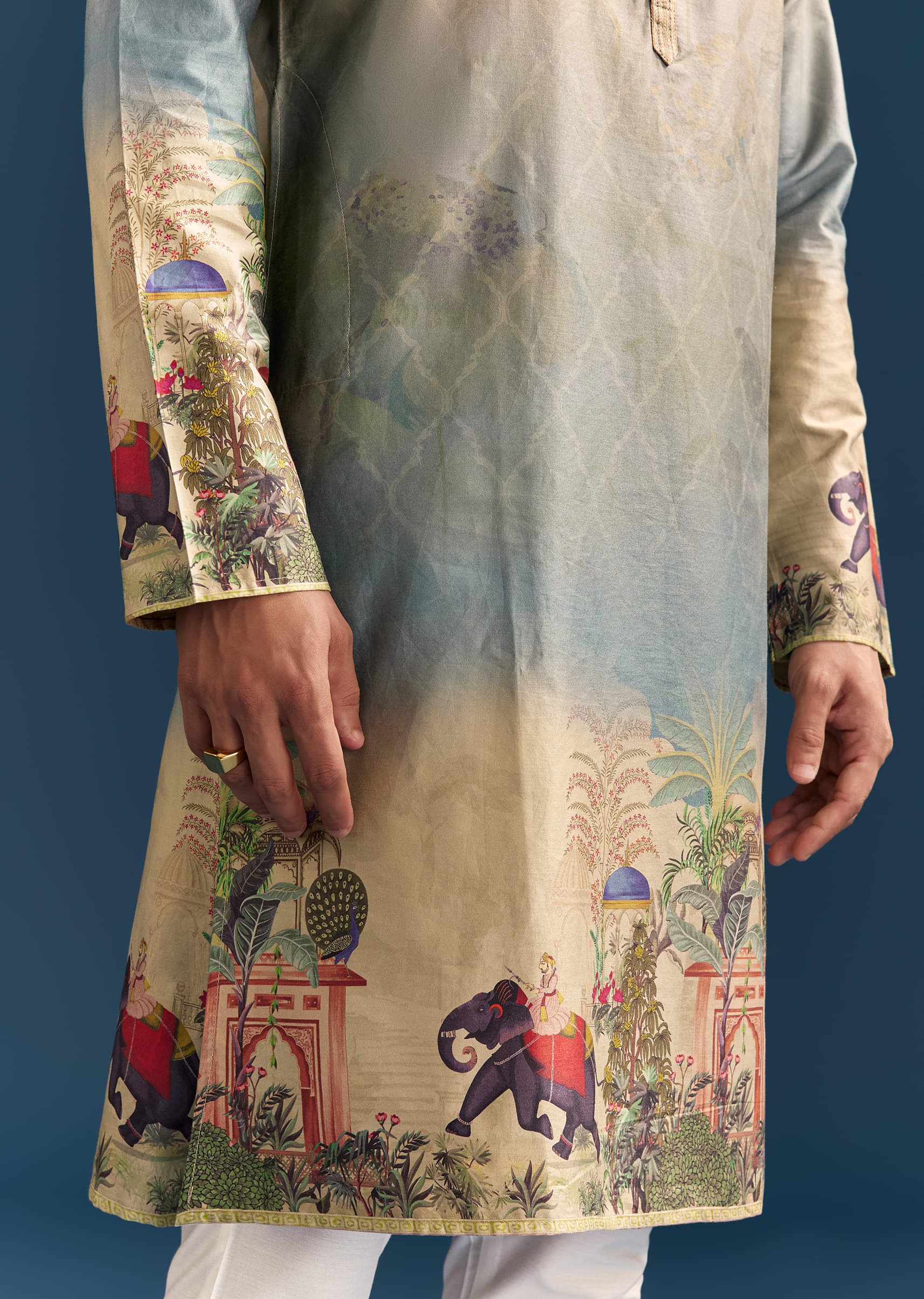 Multicolour Ombre Silk Printed Kurta Set For Men - Image 3