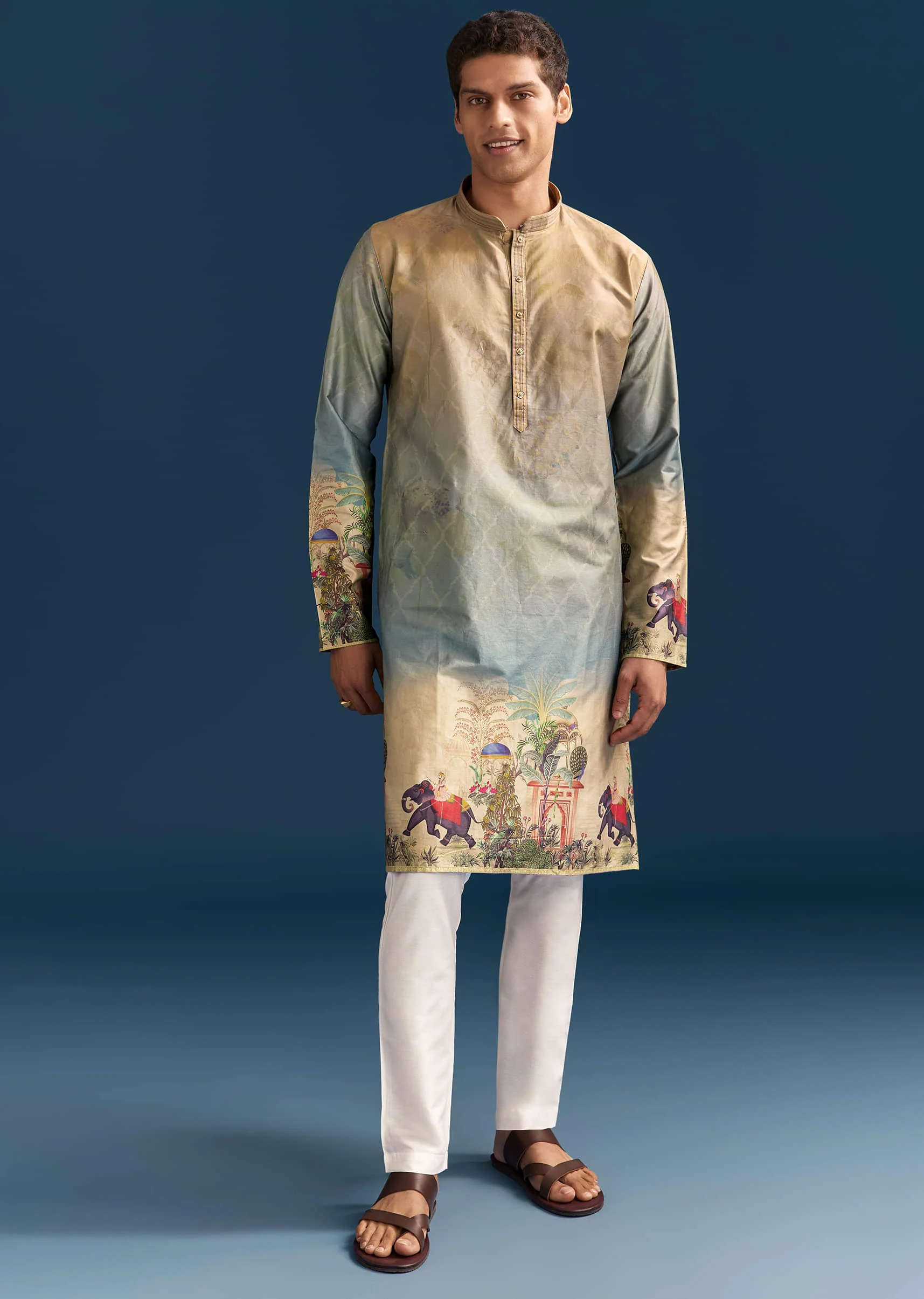 Multicolour Ombre Silk Printed Kurta Set For Men - Image 4