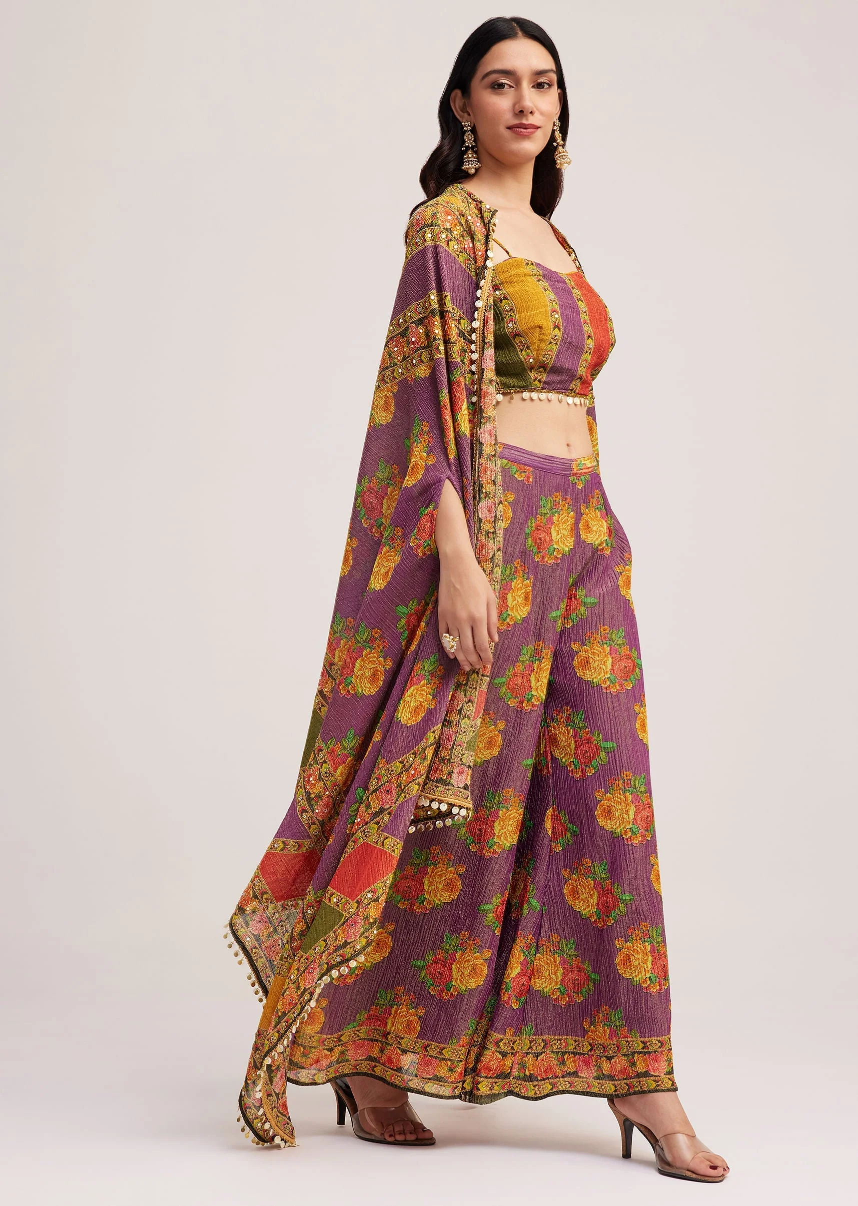 Multicolour Printed Crop Top Palazzo And Cape Set - Image 3