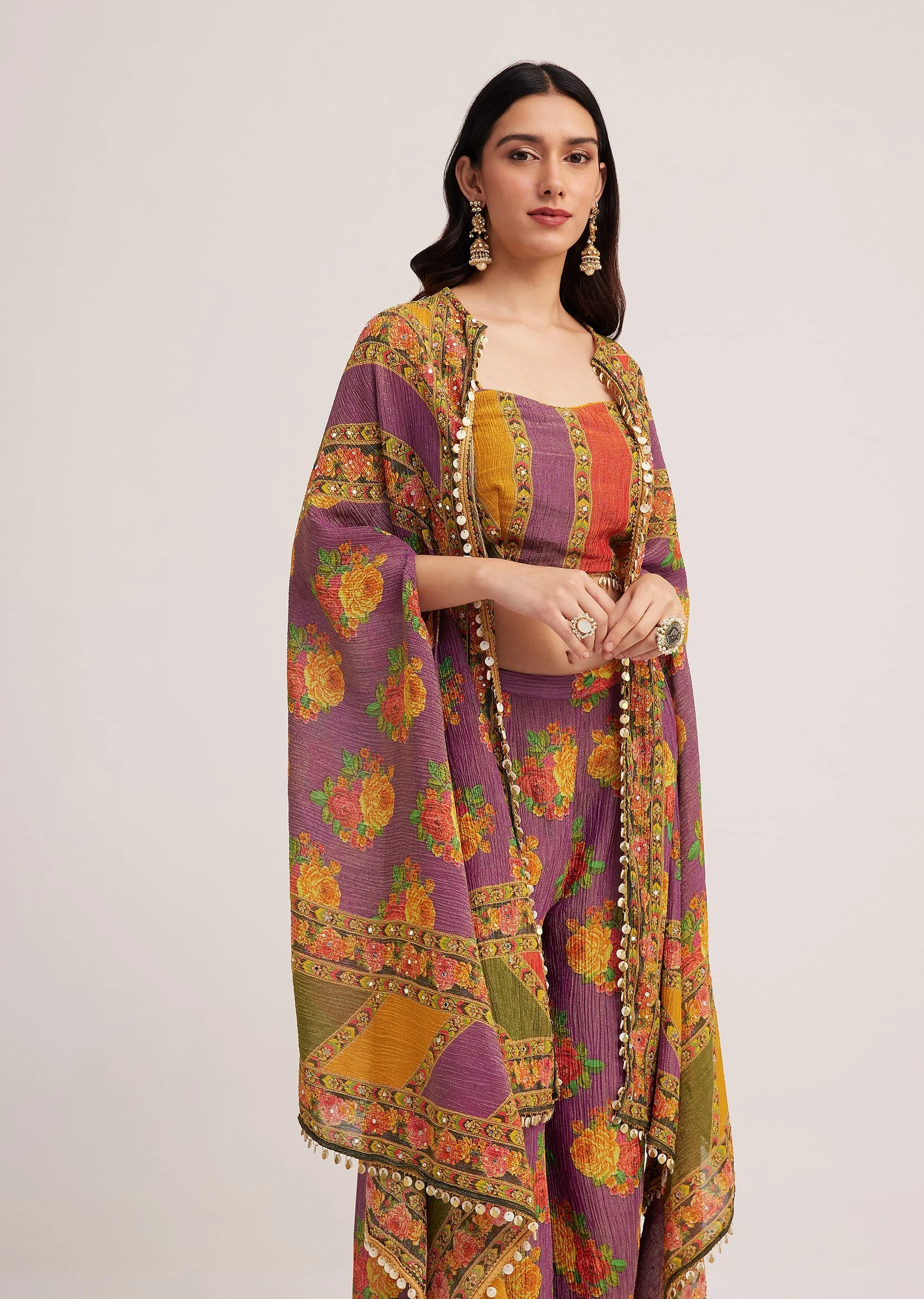 Multicolour Printed Crop Top Palazzo And Cape Set - Image 4