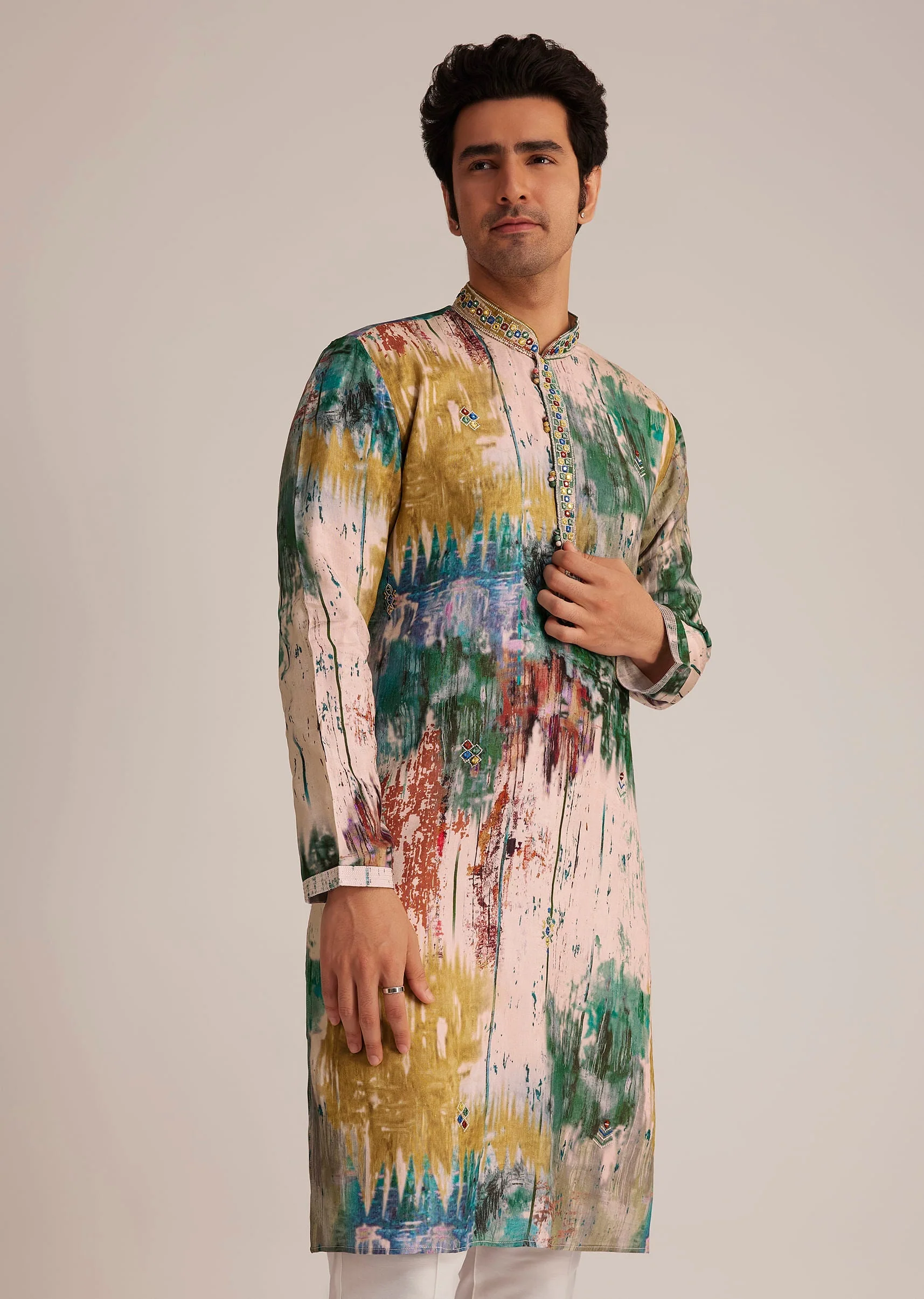 Multicolour Printed Silk Kurta Set - Image 2