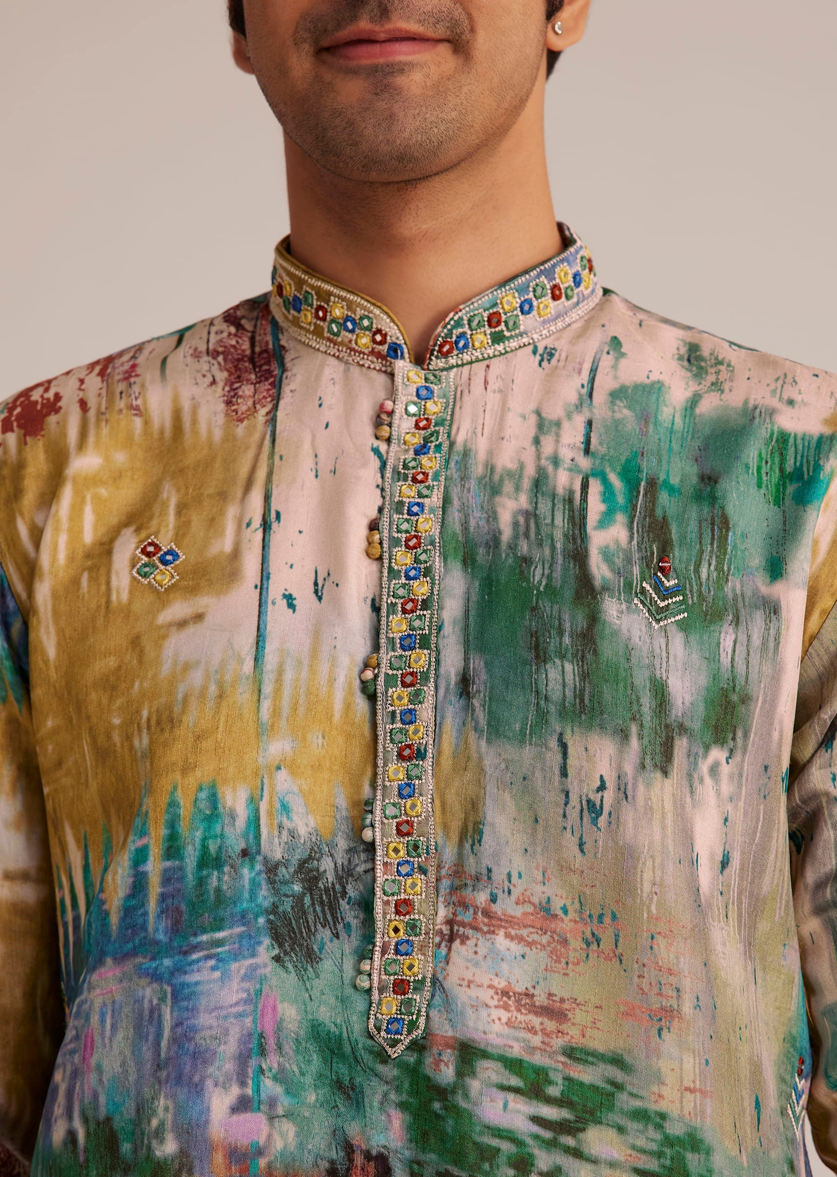 Multicolour Printed Silk Kurta Set - Image 3