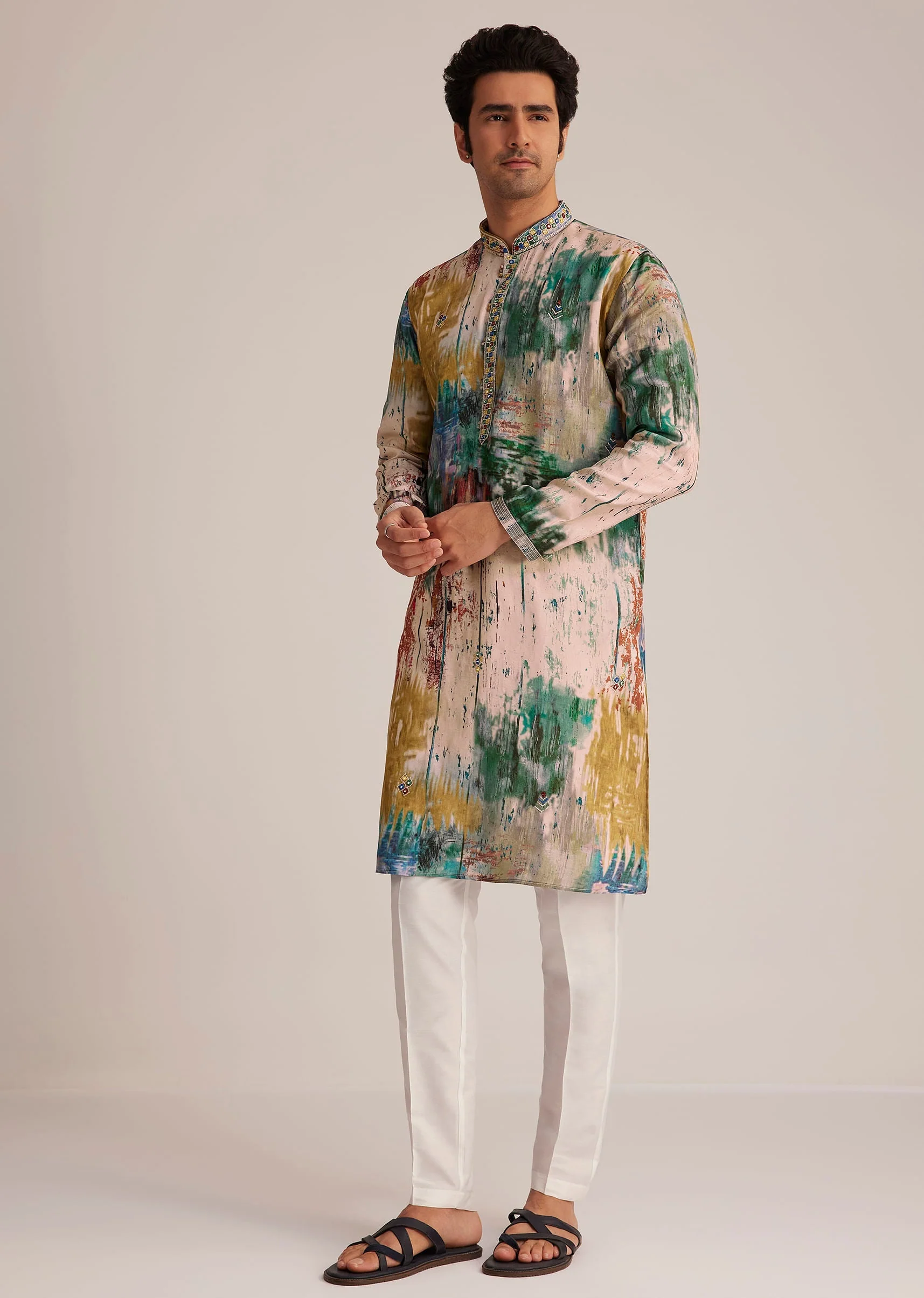 Multicolour Printed Silk Kurta Set - Image 4