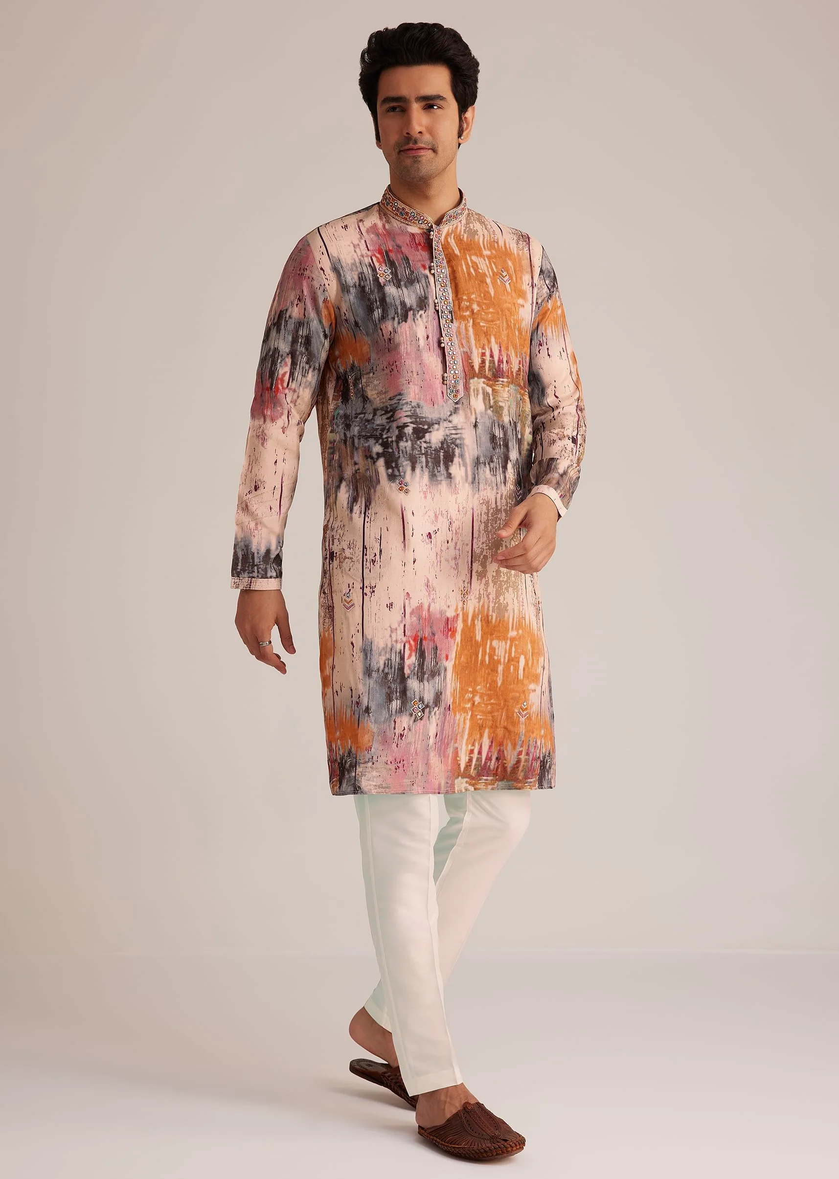 Multicolour Printed Silk Kurta Set With Mirror Work - Image 2
