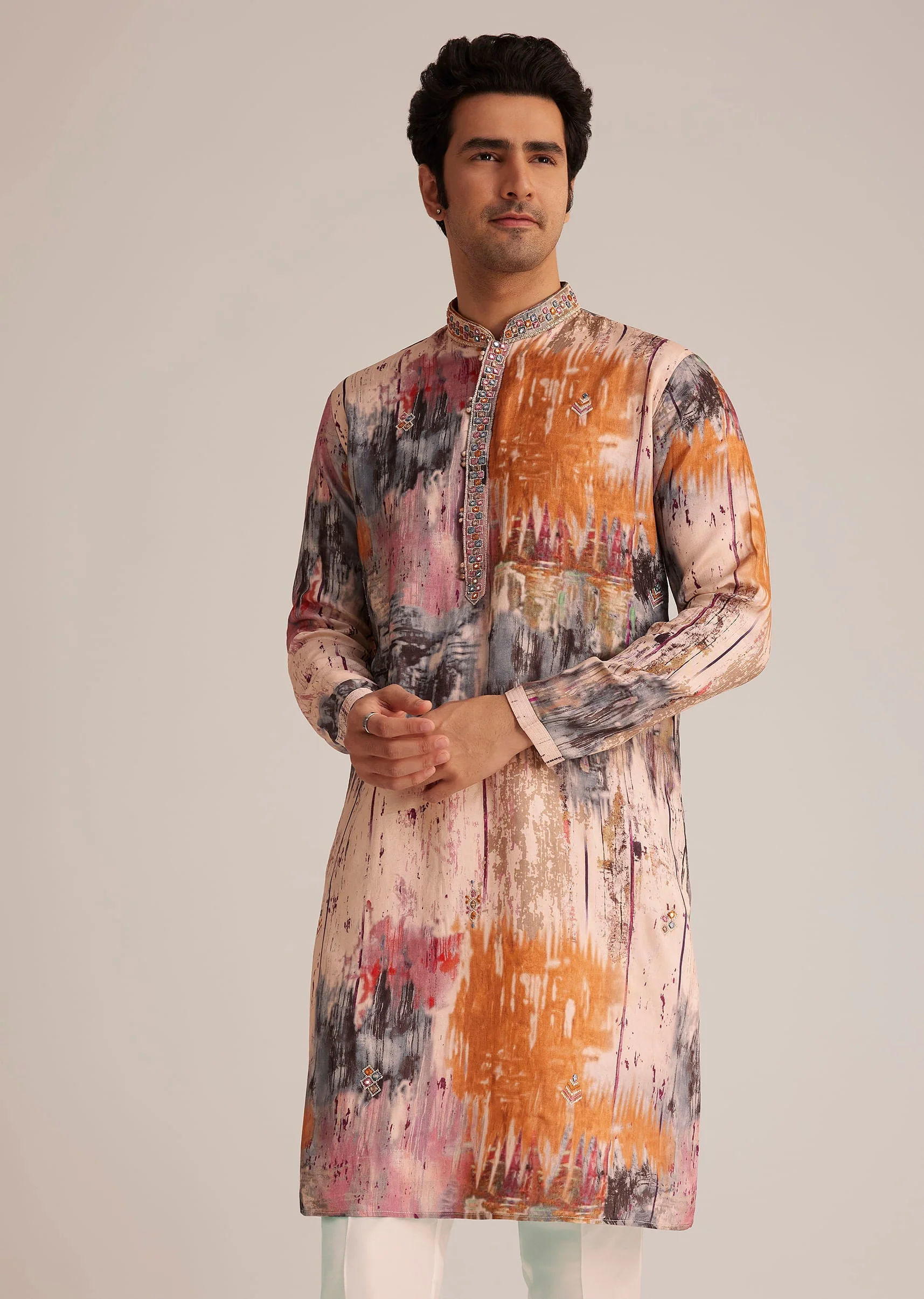 Multicolour Printed Silk Kurta Set With Mirror Work - Image 3