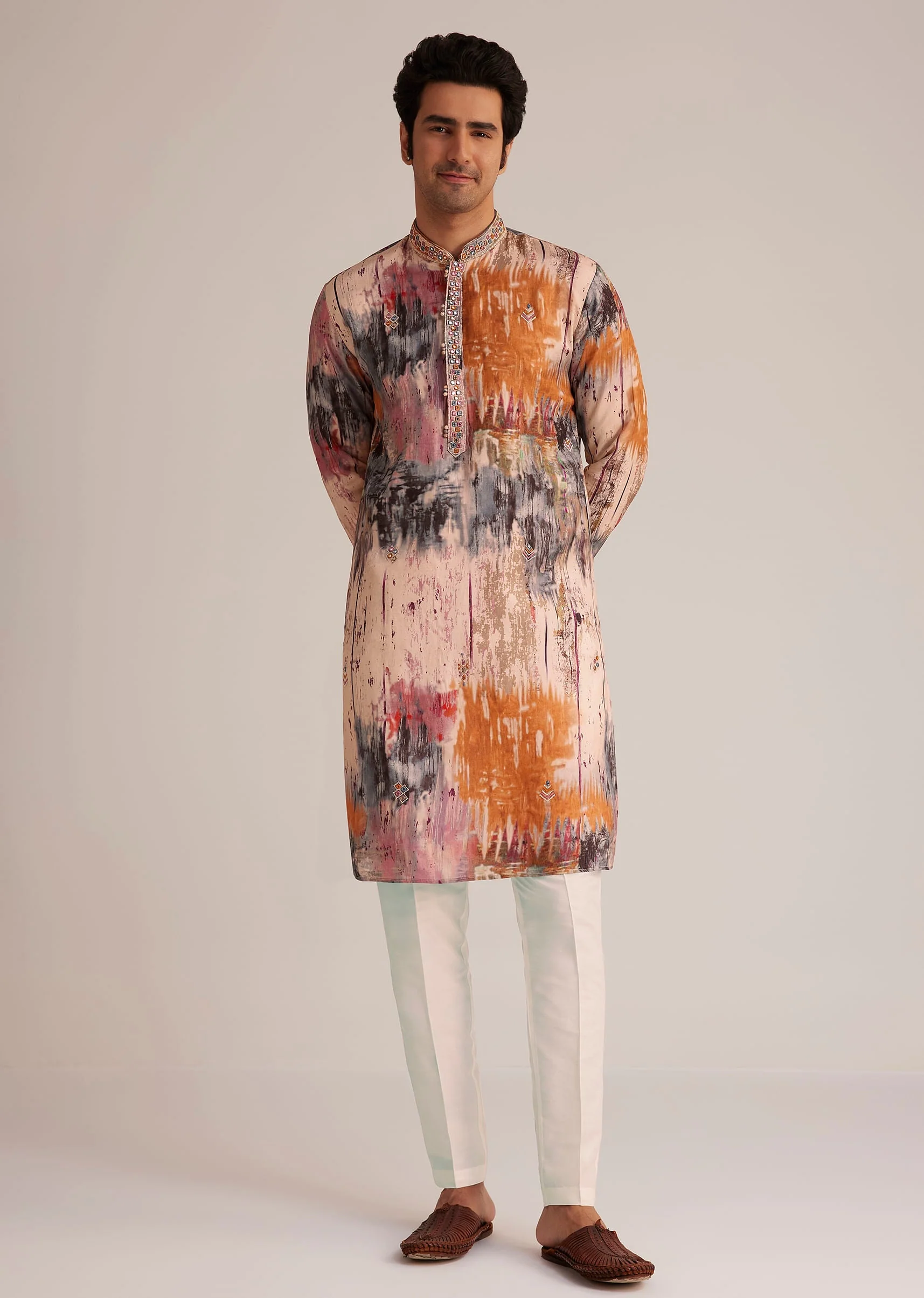 Multicolour Printed Silk Kurta Set With Mirror Work - Image 4