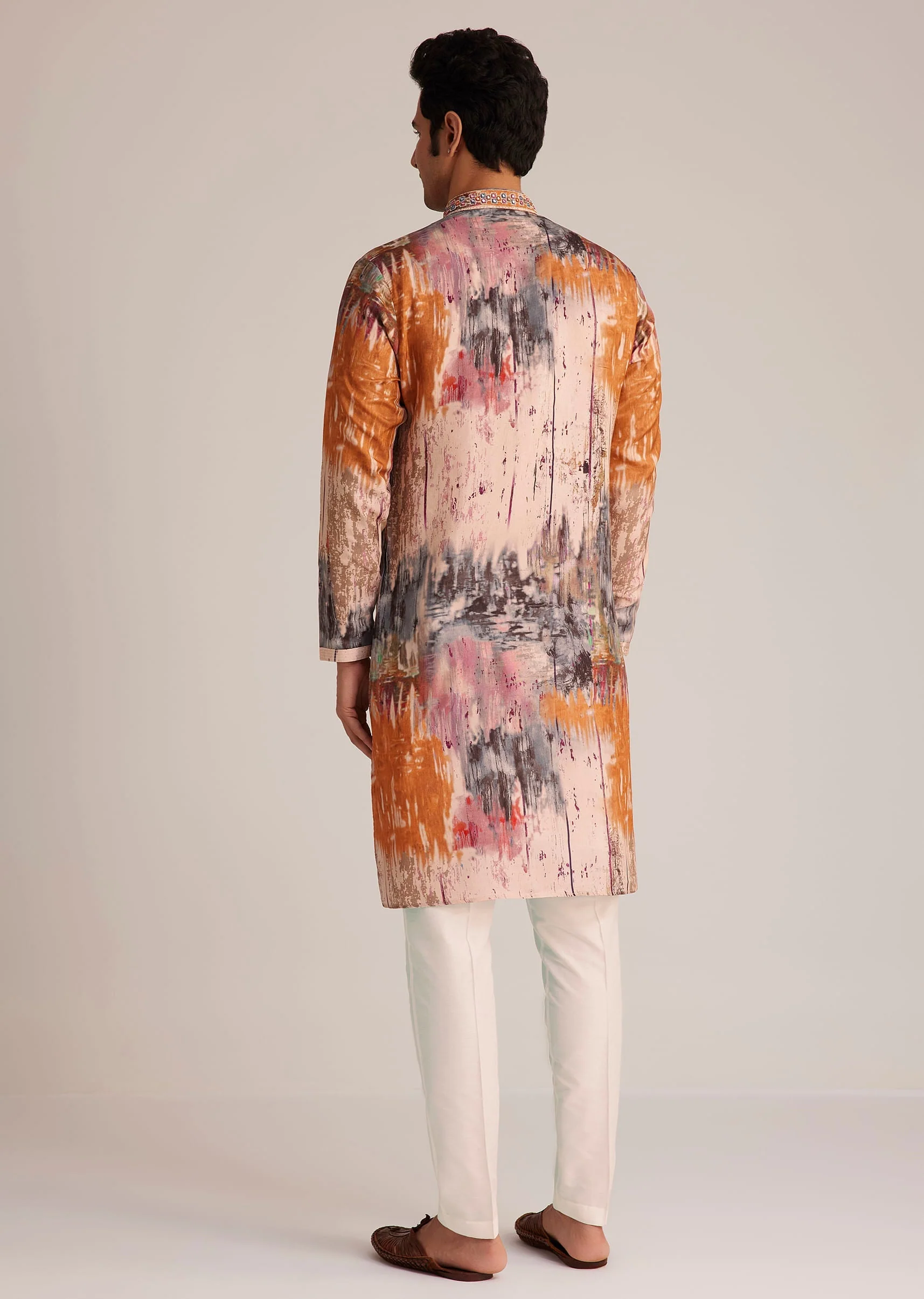 Multicolour Printed Silk Kurta Set With Mirror Work - Image 5