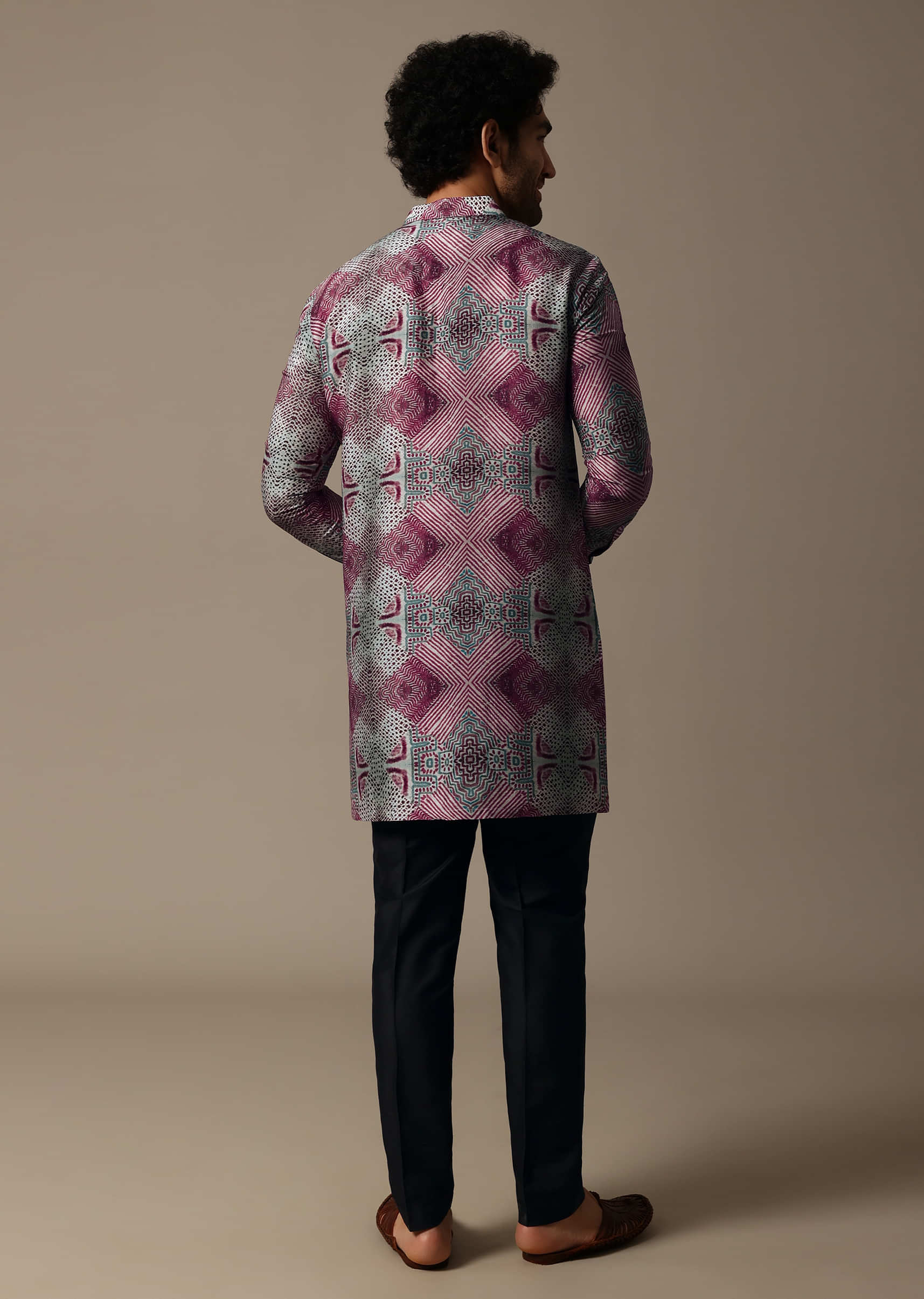 Multicolour Printed Silk Short Kurta Set For Men - Image 5