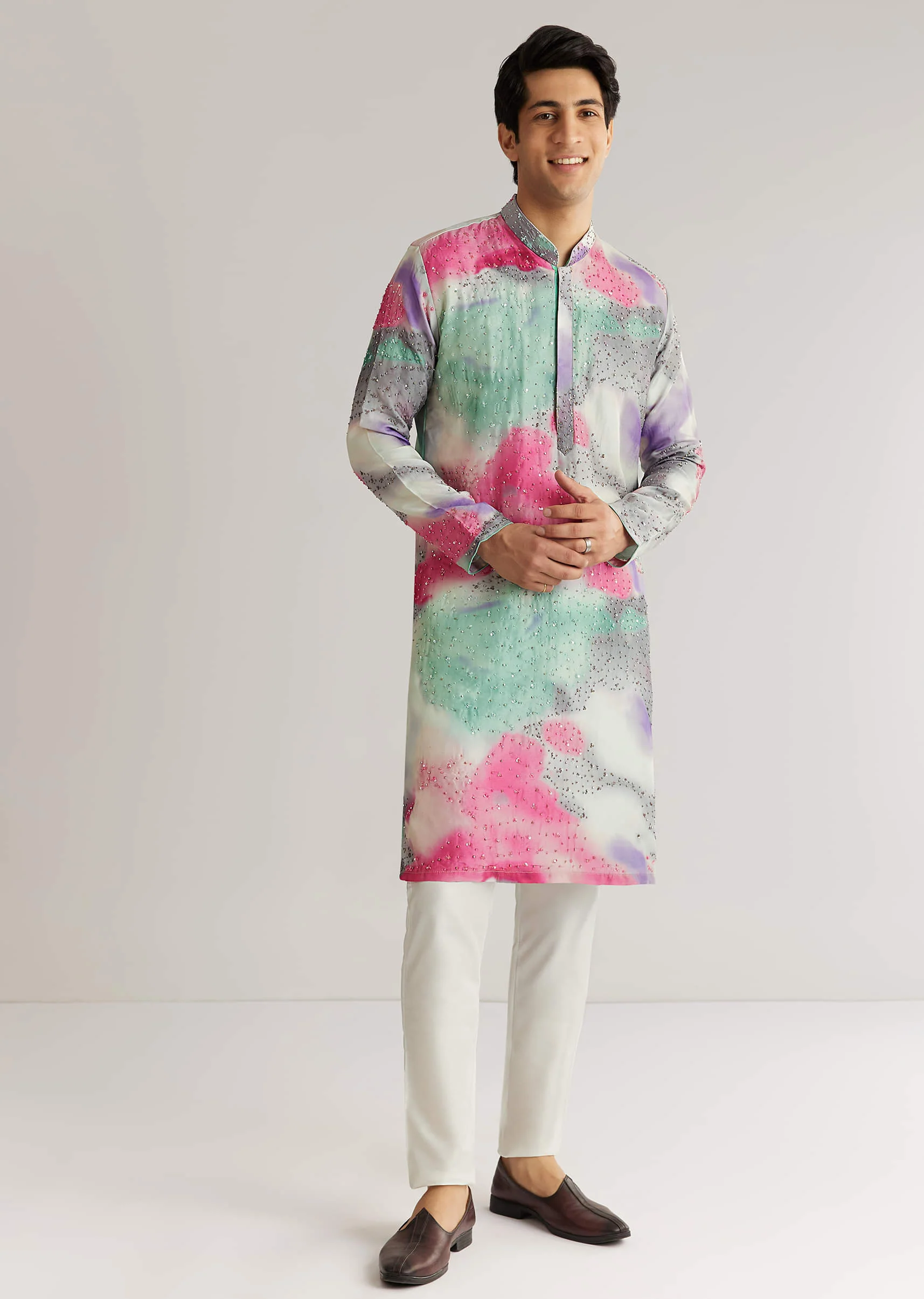 Multicolour Silk Abstract Printed Kurta Set With Sequins - Image 2