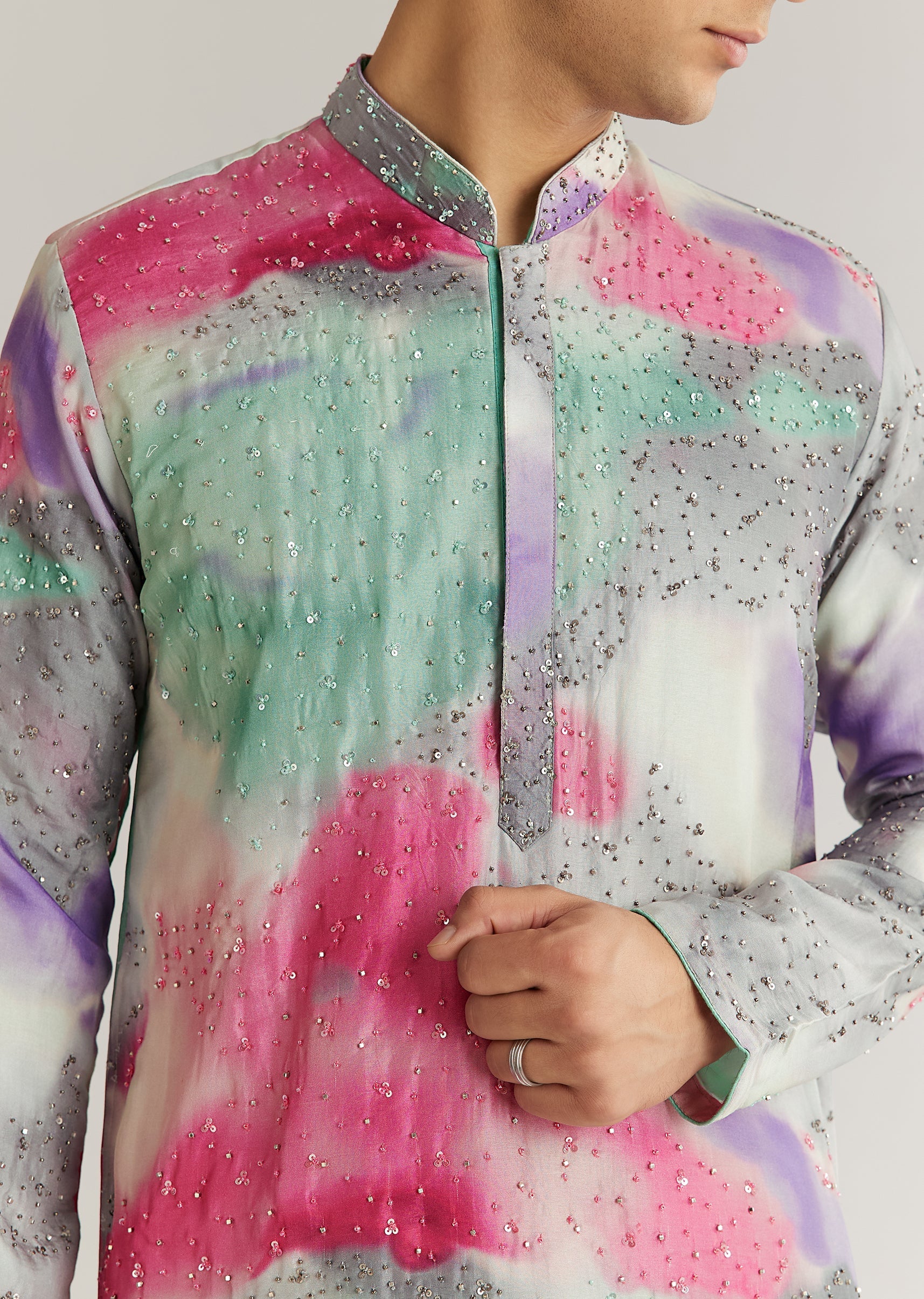 Multicolour Silk Abstract Printed Kurta Set With Sequins - Image 3