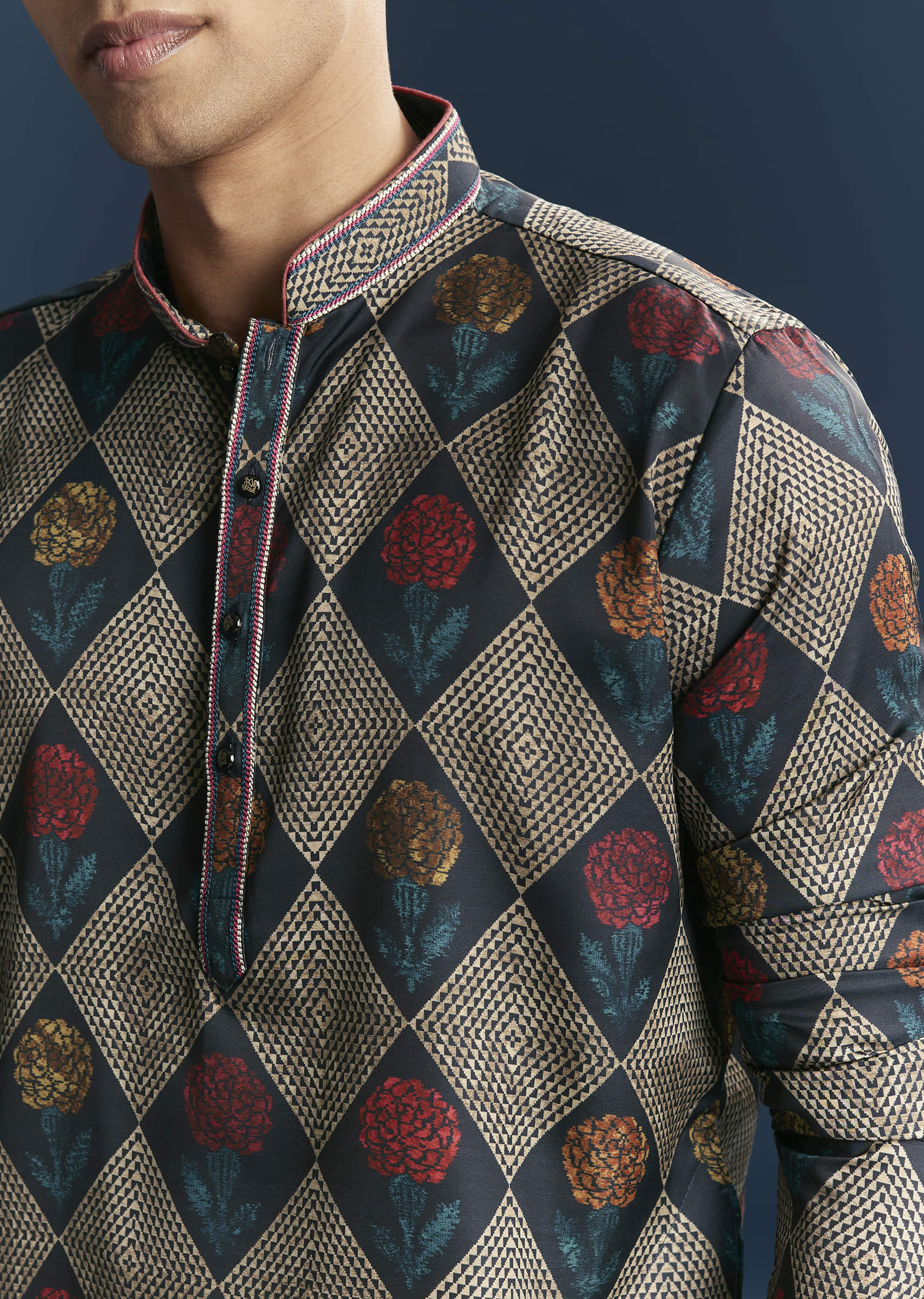 Multicolour Silk Kurta For Men With Geometric And Floral Print - Image 2