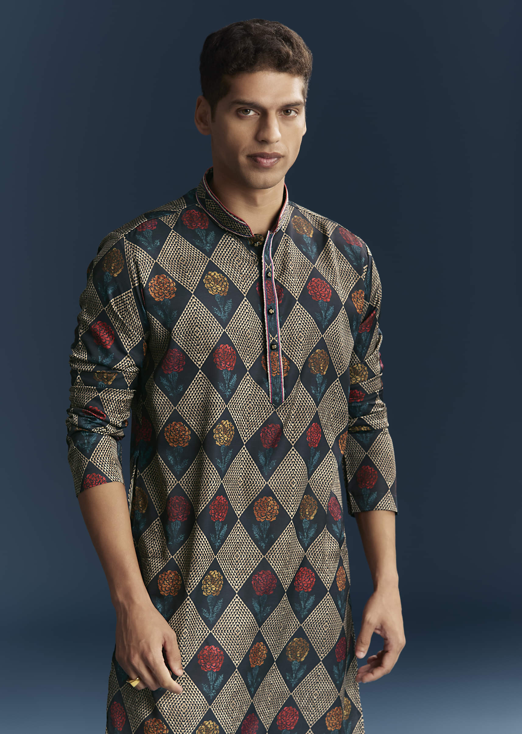 Multicolour Silk Kurta For Men With Geometric And Floral Print - Image 4