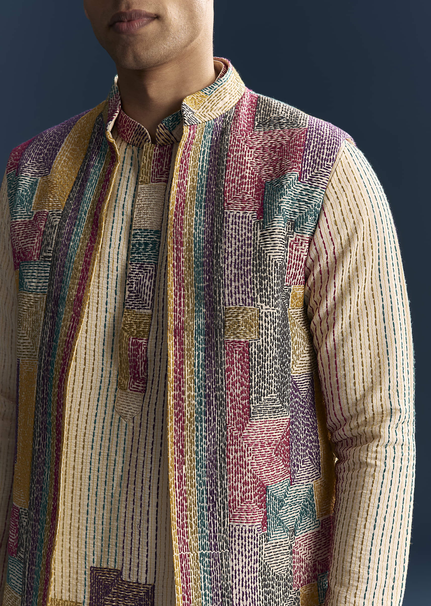 Multicolour Silk Kurta Jacket Set For Men With Intricate Thread Work - Image 2