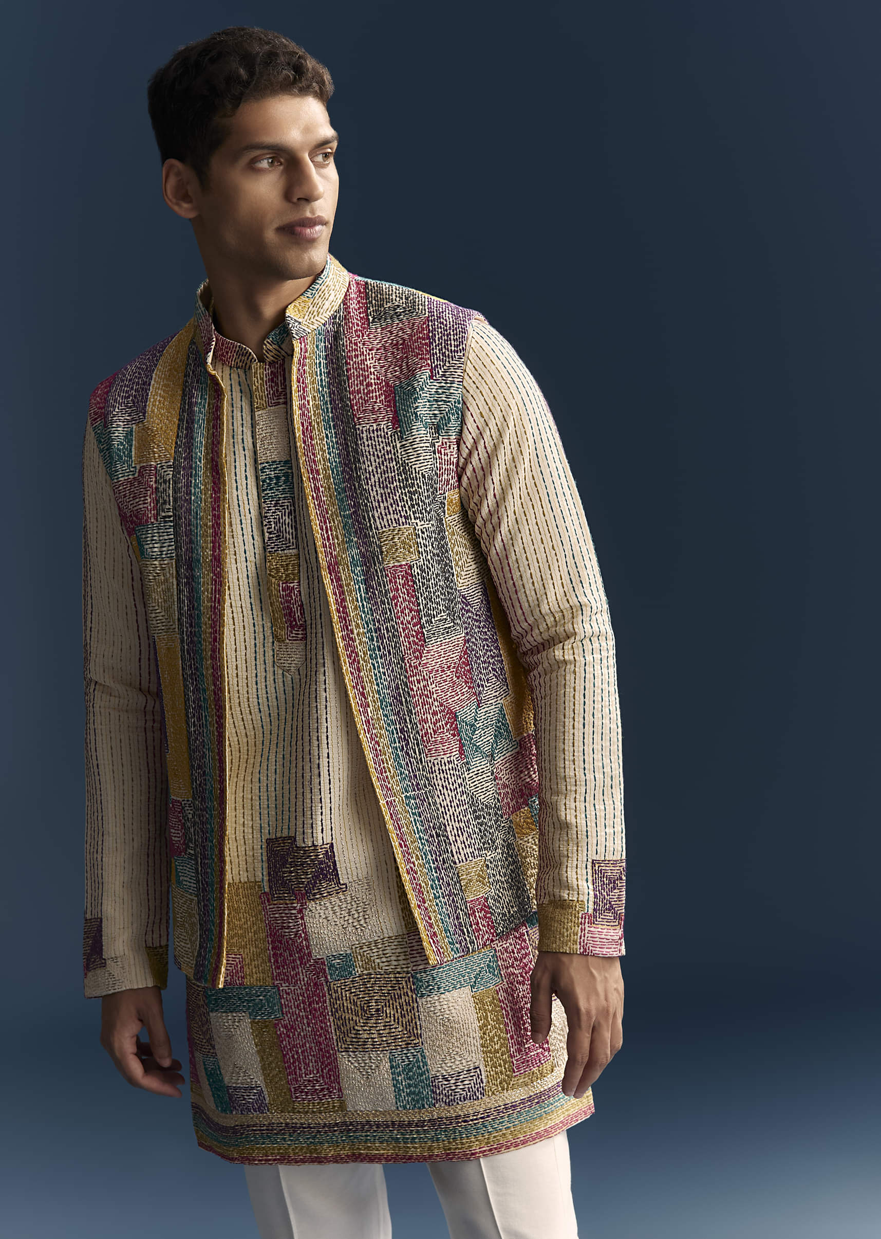 Multicolour Silk Kurta Jacket Set For Men With Intricate Thread Work - Image 3
