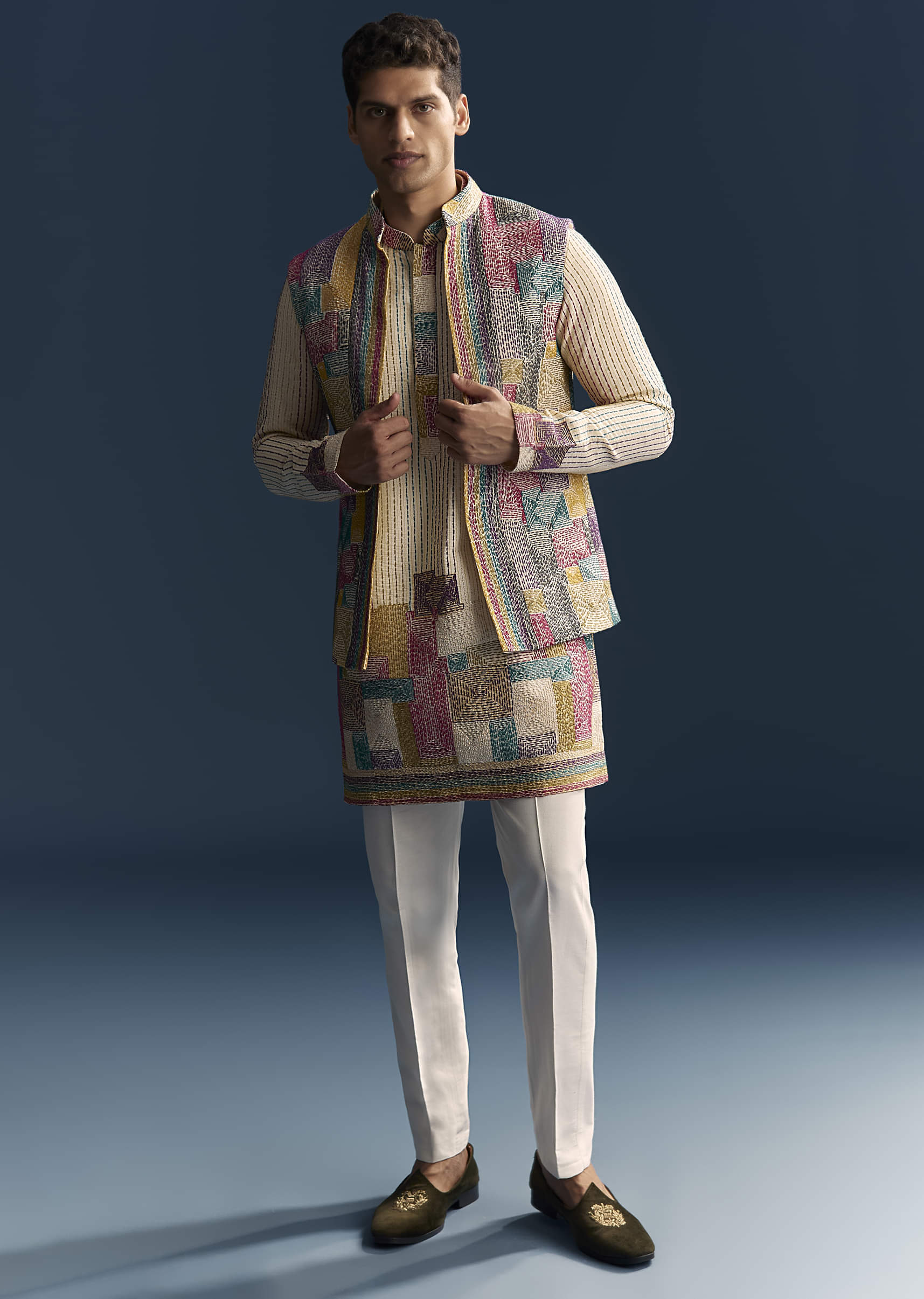 Multicolour Silk Kurta Jacket Set For Men With Intricate Thread Work - Image 4