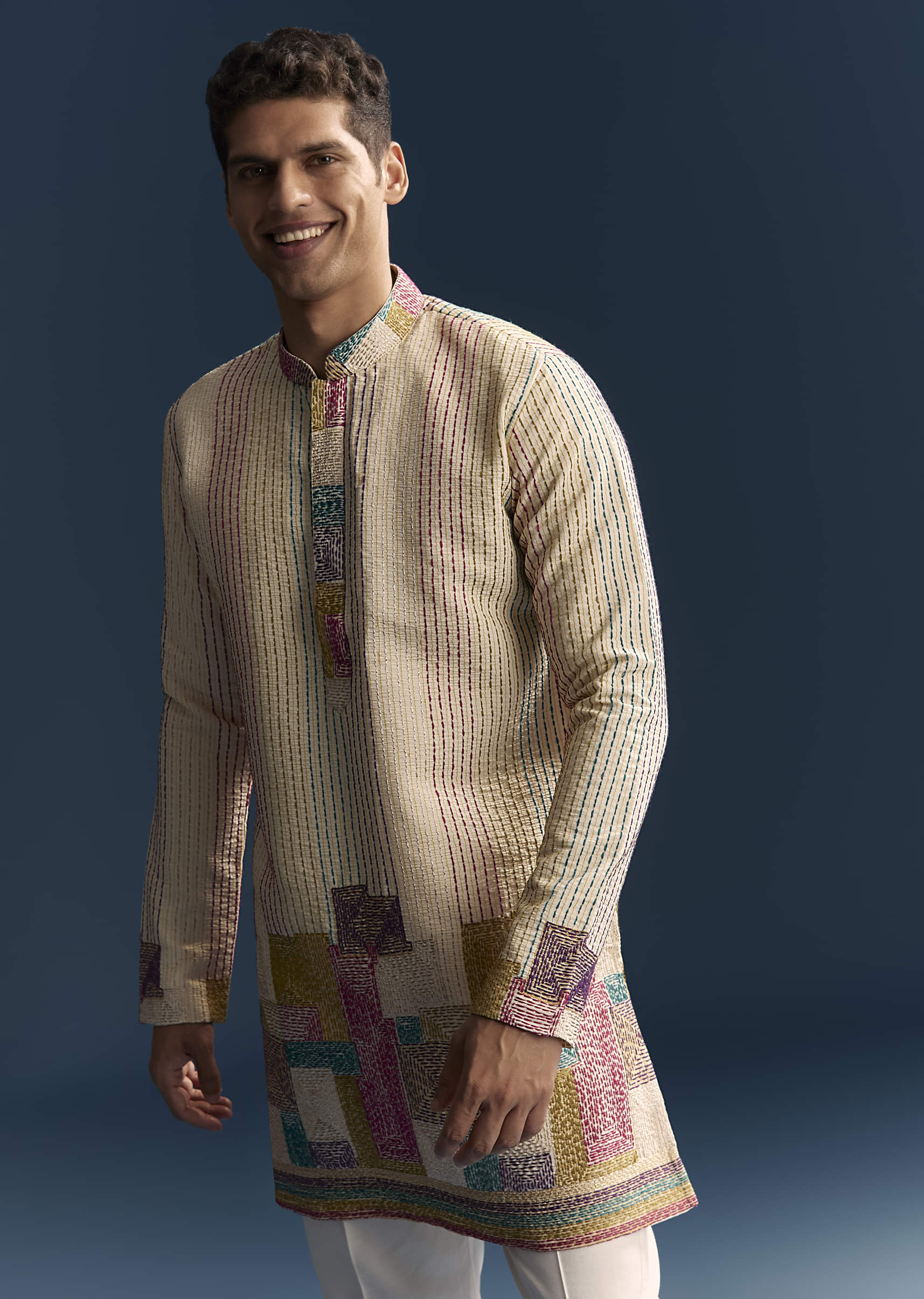 Multicolour Silk Kurta Jacket Set For Men With Intricate Thread Work - Image 5