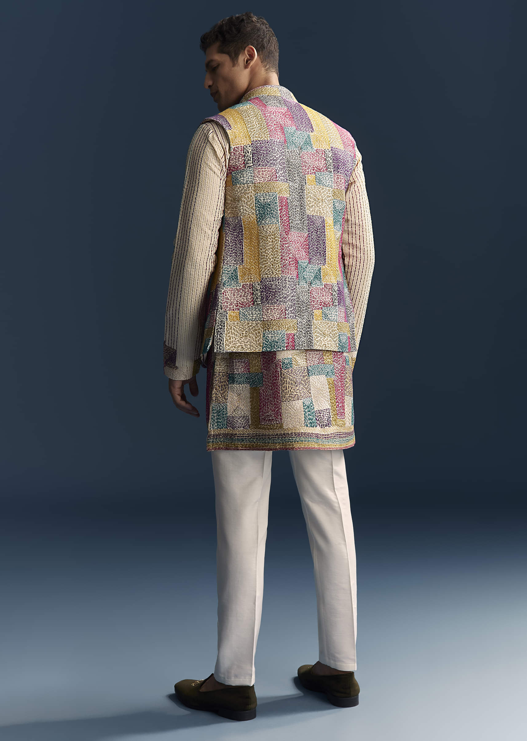Multicolour Silk Kurta Jacket Set For Men With Intricate Thread Work - Image 6