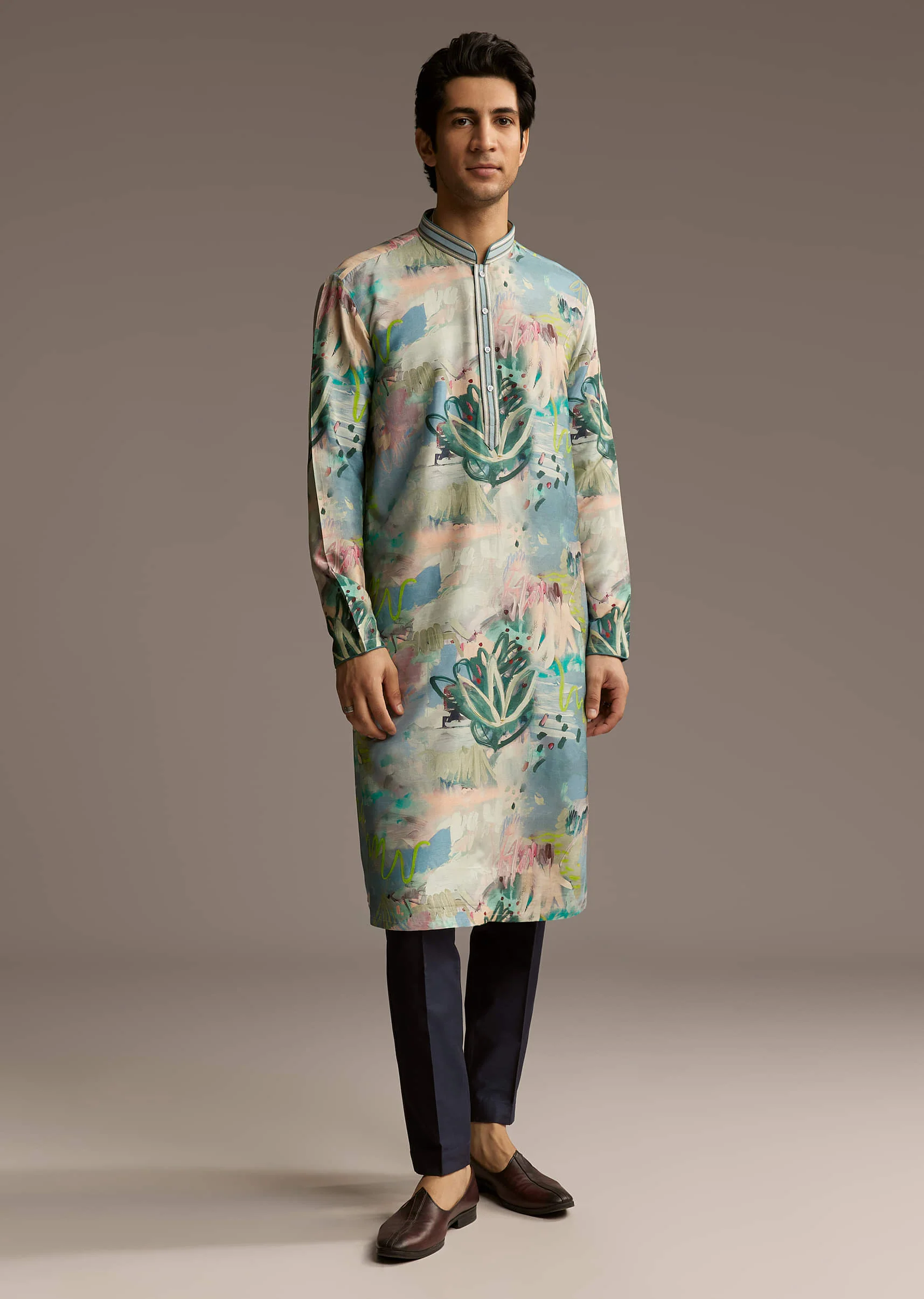 Multicolour Silk Kurta Set For Men With Artistic Brushstroke Print - Image 3