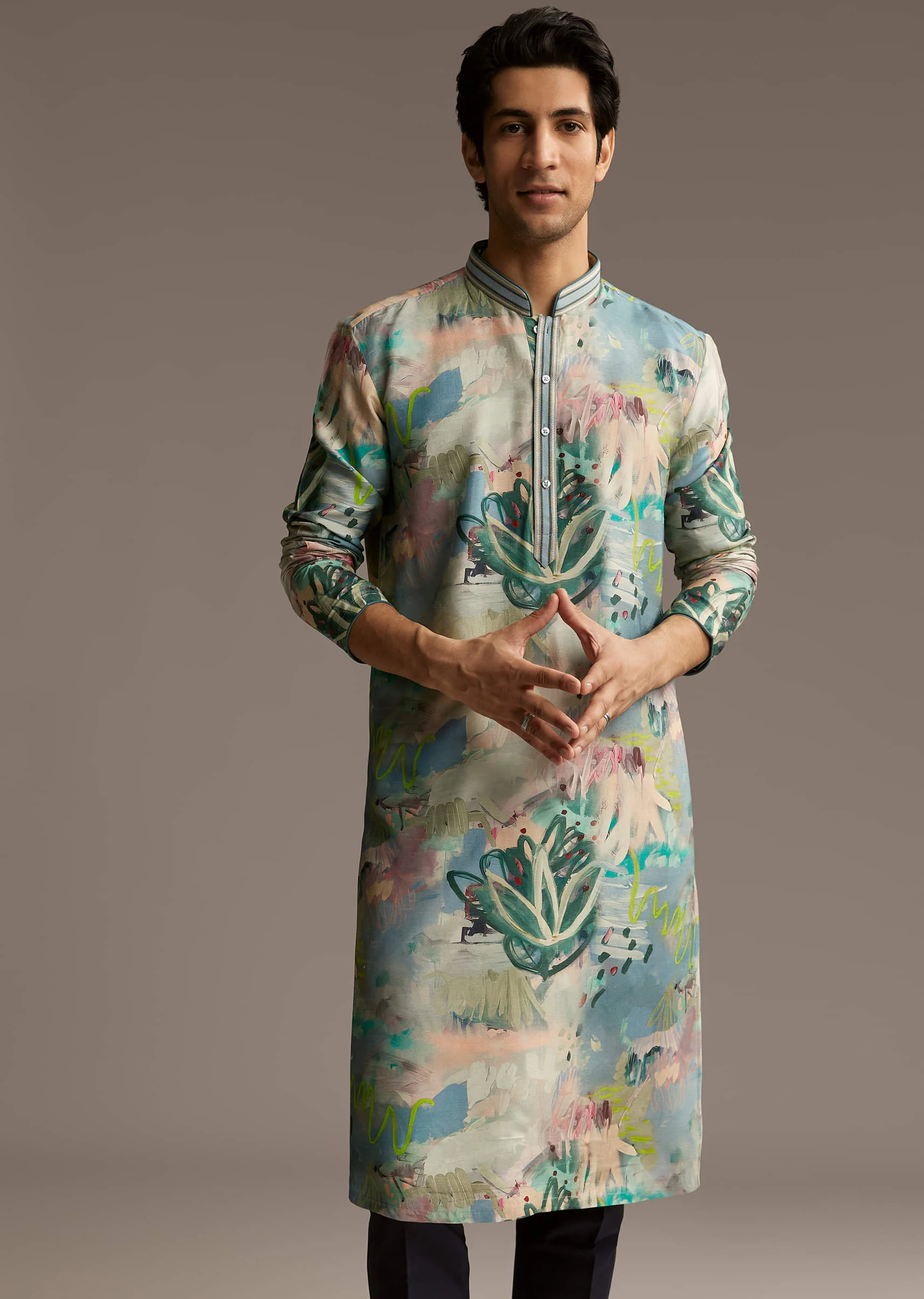 Multicolour Silk Kurta Set For Men With Artistic Brushstroke Print - Image 4