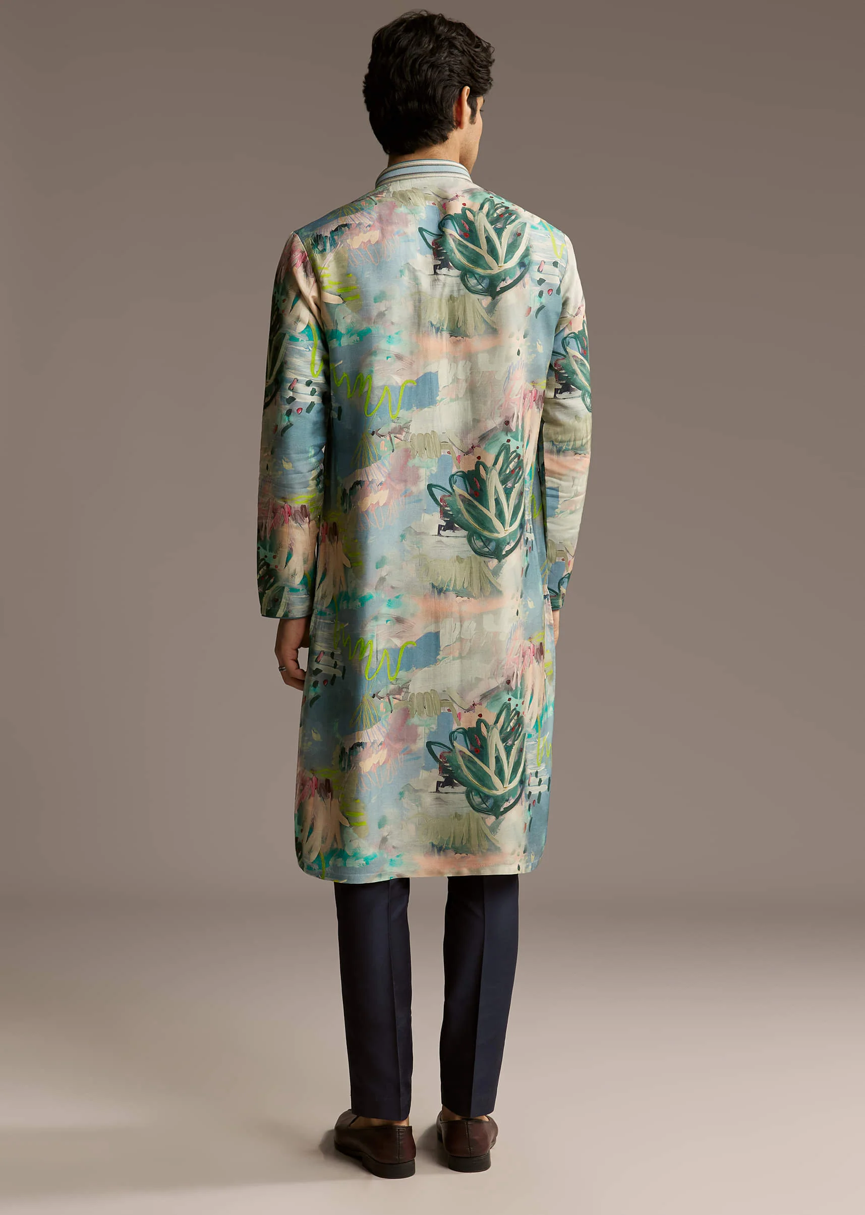 Multicolour Silk Kurta Set For Men With Artistic Brushstroke Print - Image 5