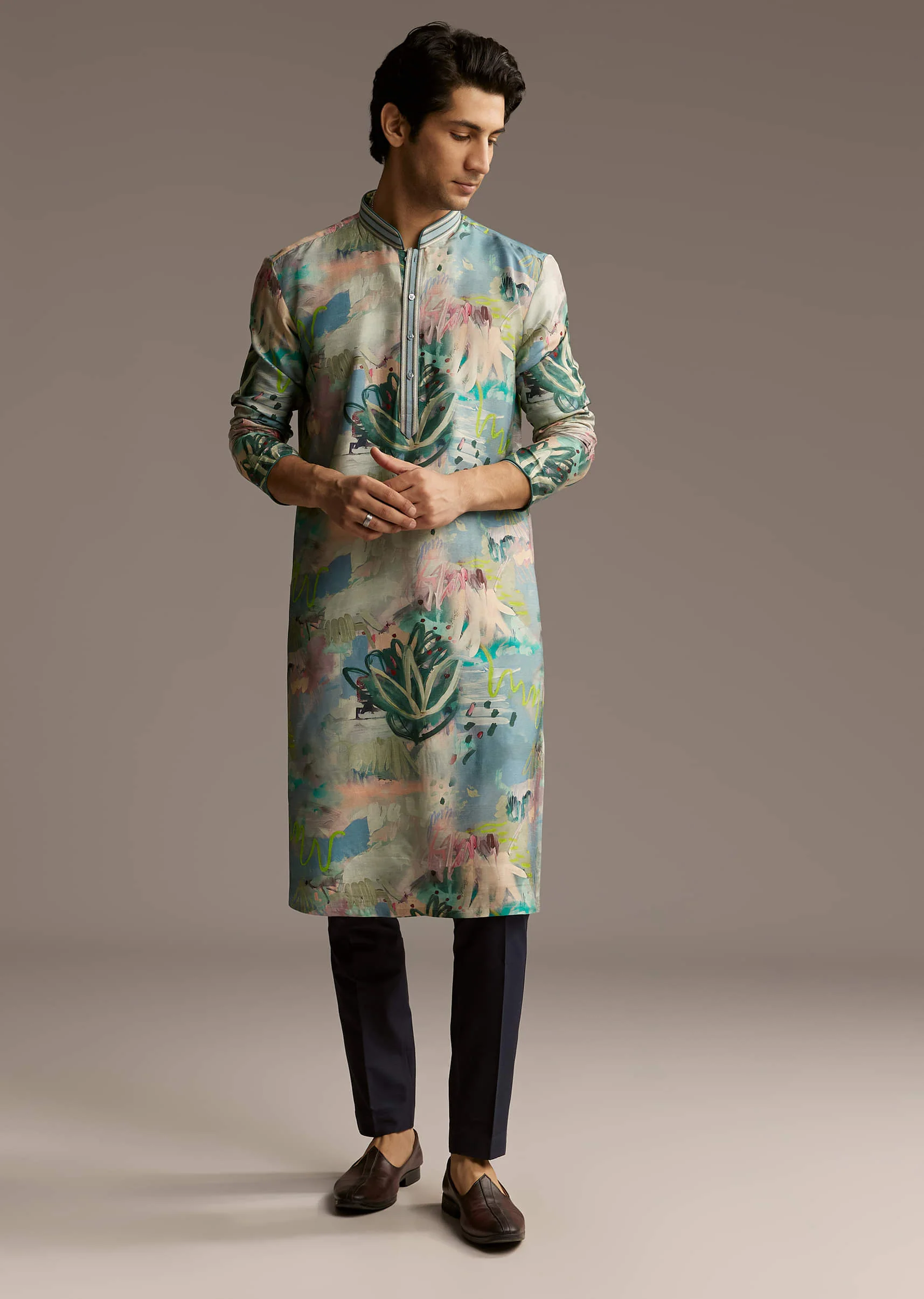 Multicolour Silk Kurta Set For Men With Artistic Brushstroke Print - Image 7