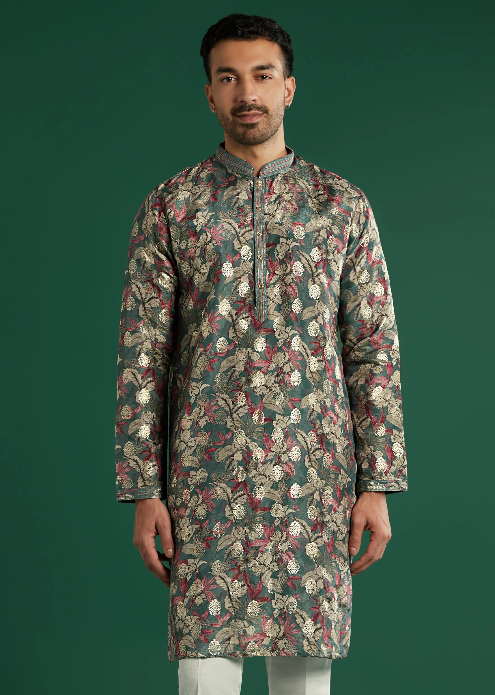 Multicolour Silk Kurta Set For Men With Floral Motif Print - Image 4
