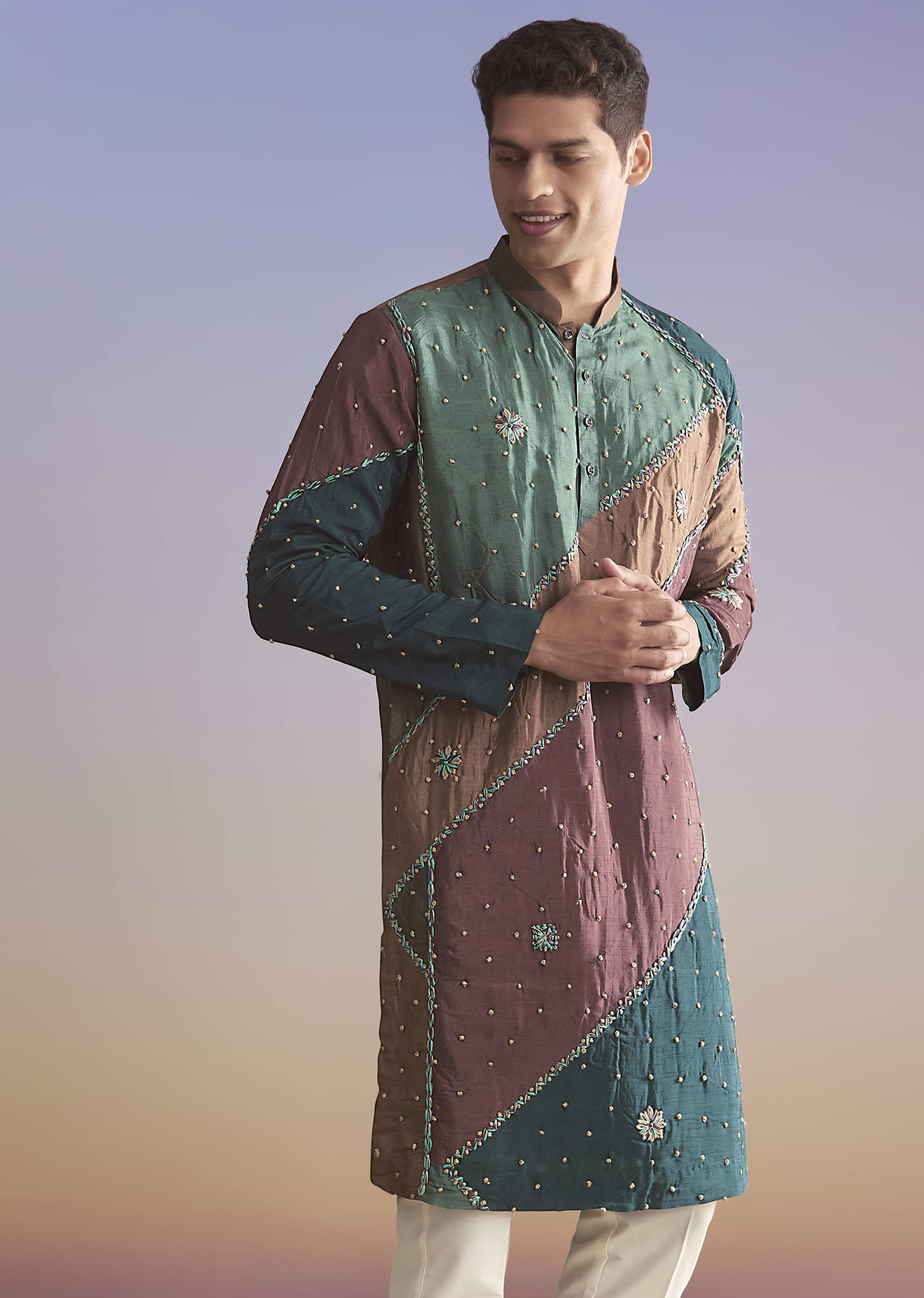 Multicolour Silk Kurta Set For Men With Intricate Resham Work - Image 4