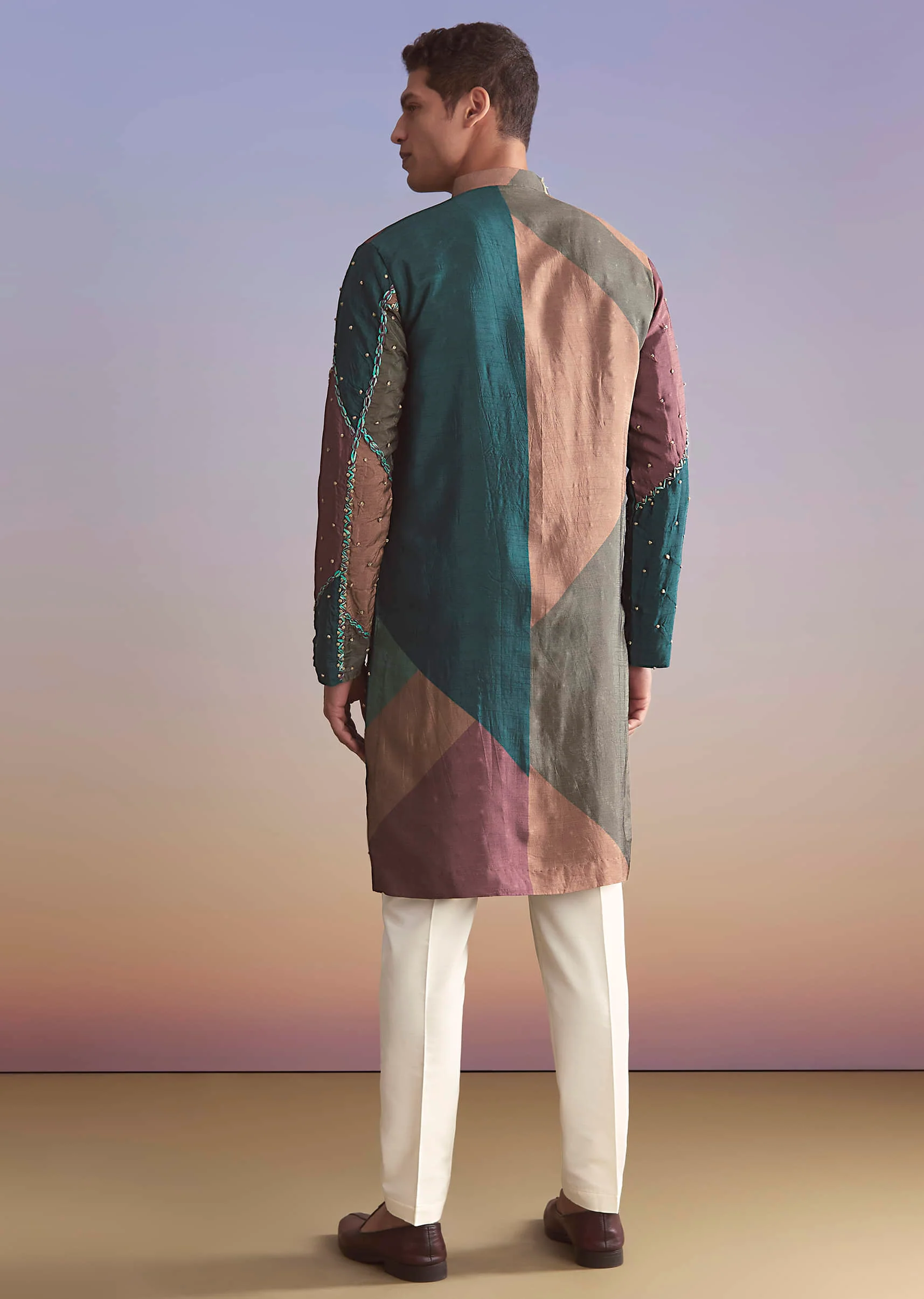Multicolour Silk Kurta Set For Men With Intricate Resham Work - Image 5