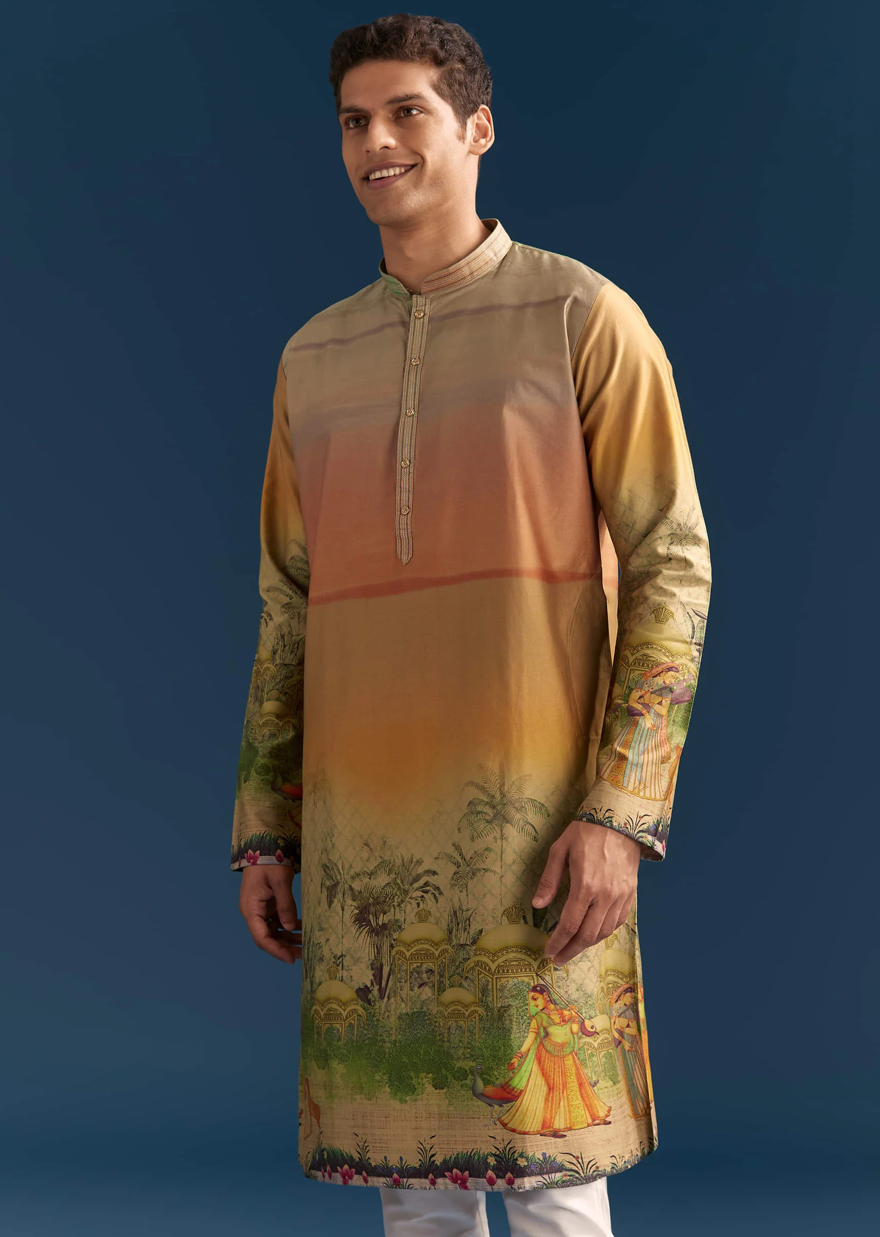 Multicolour Silk Kurta Set For Men With Pichwai Print - Image 4