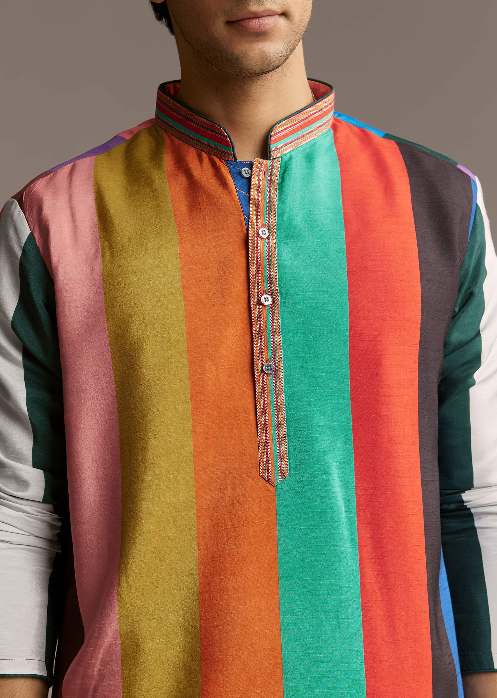 Multicolour Silk Kurta Set For Men With Stripe Print - Image 2