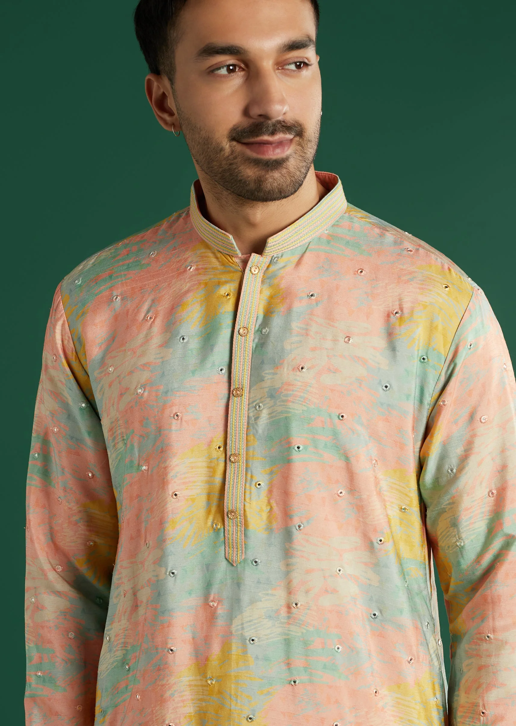 Multicolour Silk Kurta Set For Men With Tie Dye And Mirror Work - Image 2