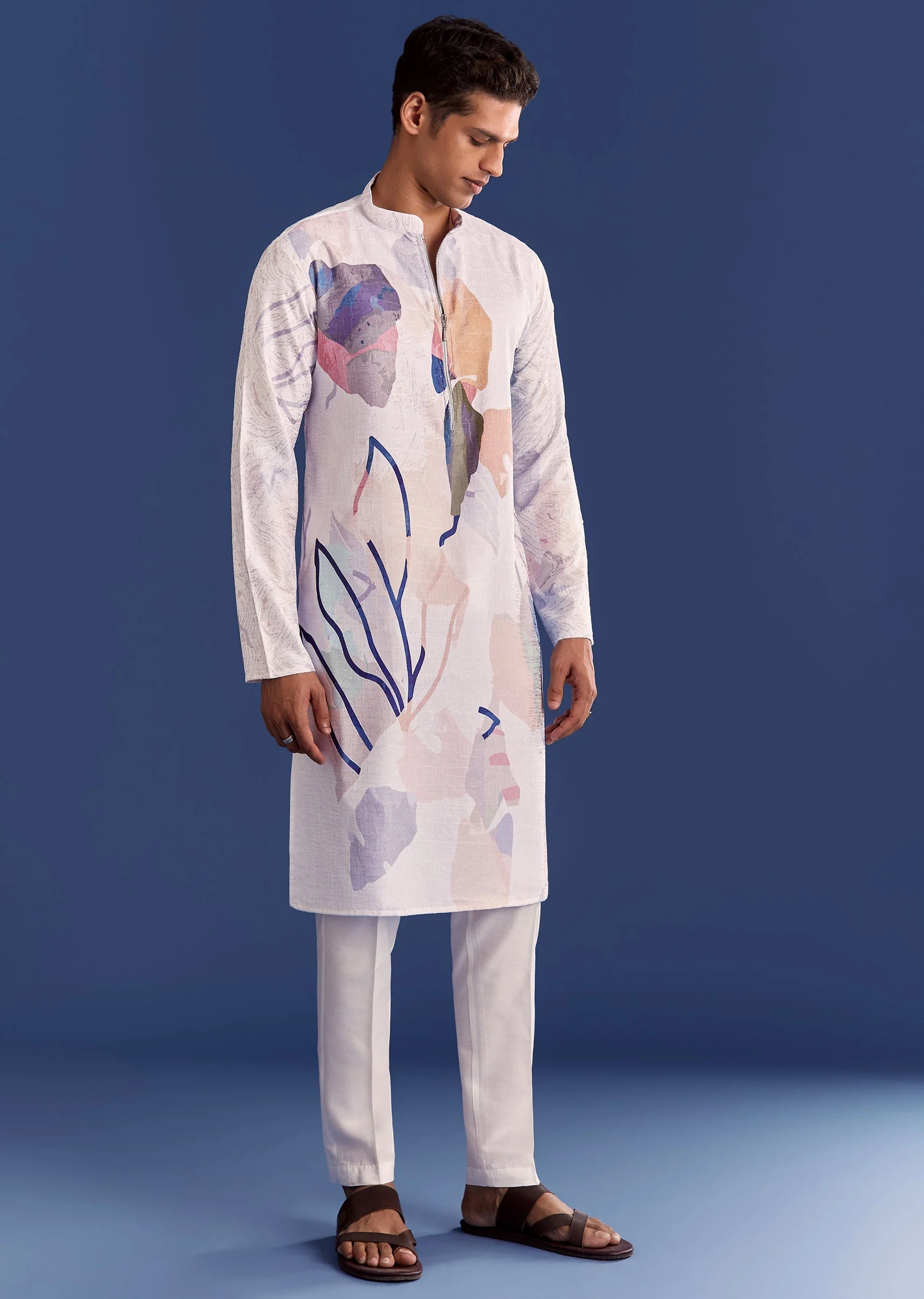 Multicolour Silk Kurta Set With Abstract Print - Image 3