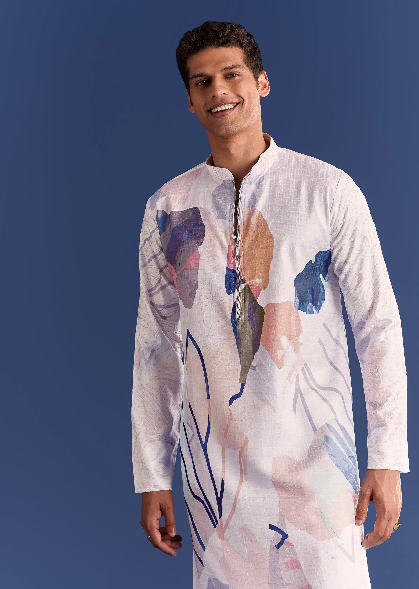 Multicolour Silk Kurta Set With Abstract Print - Image 4