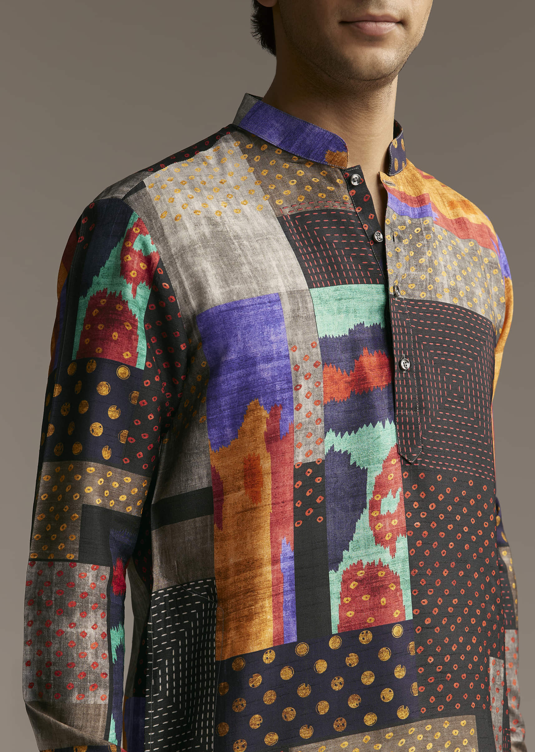 Multicolour Silk Patchwork Designer Kurta For Men - Image 2