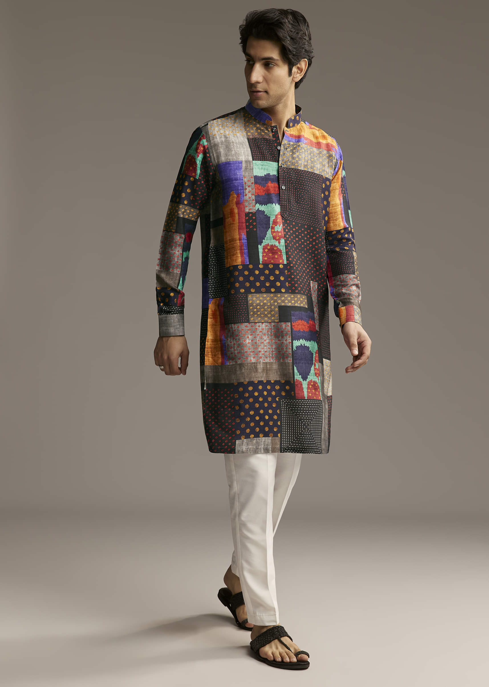 Multicolour Silk Patchwork Designer Kurta For Men - Image 3