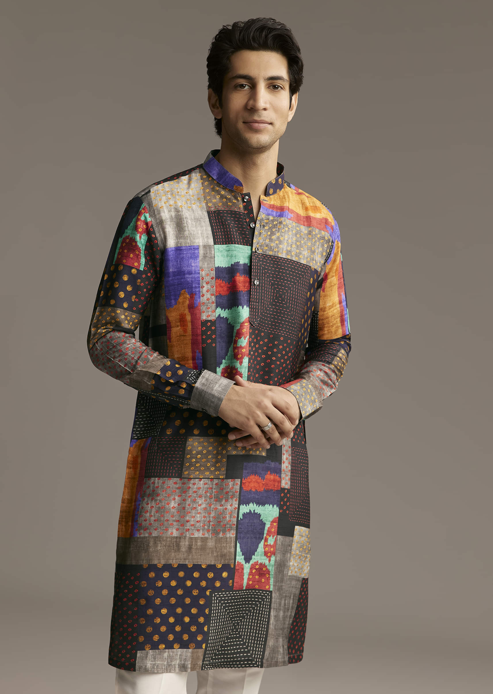 Multicolour Silk Patchwork Designer Kurta For Men - Image 4